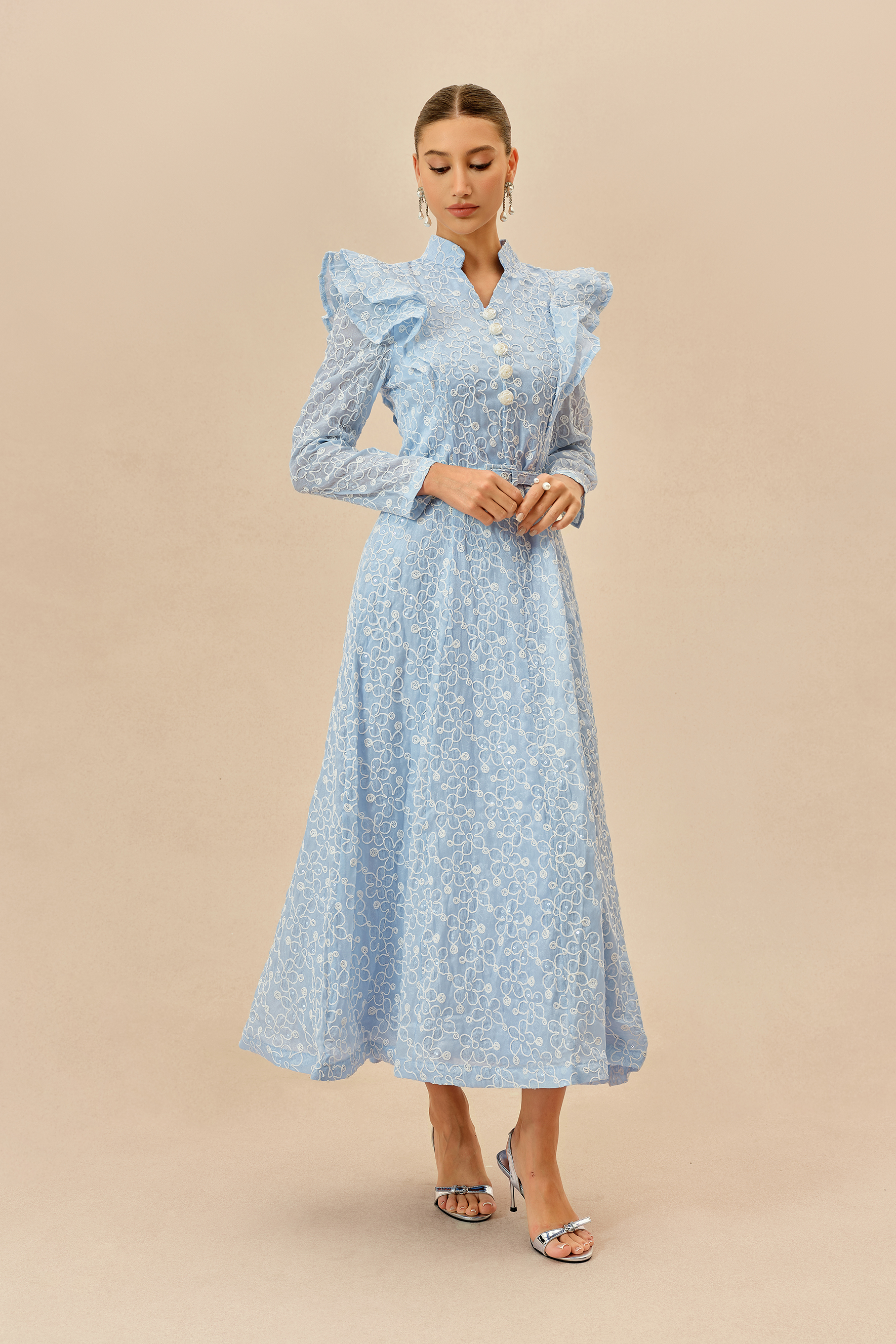 Casual Daydream Blue Floral Embroidery Ruffle Shoulder Maxi Dress