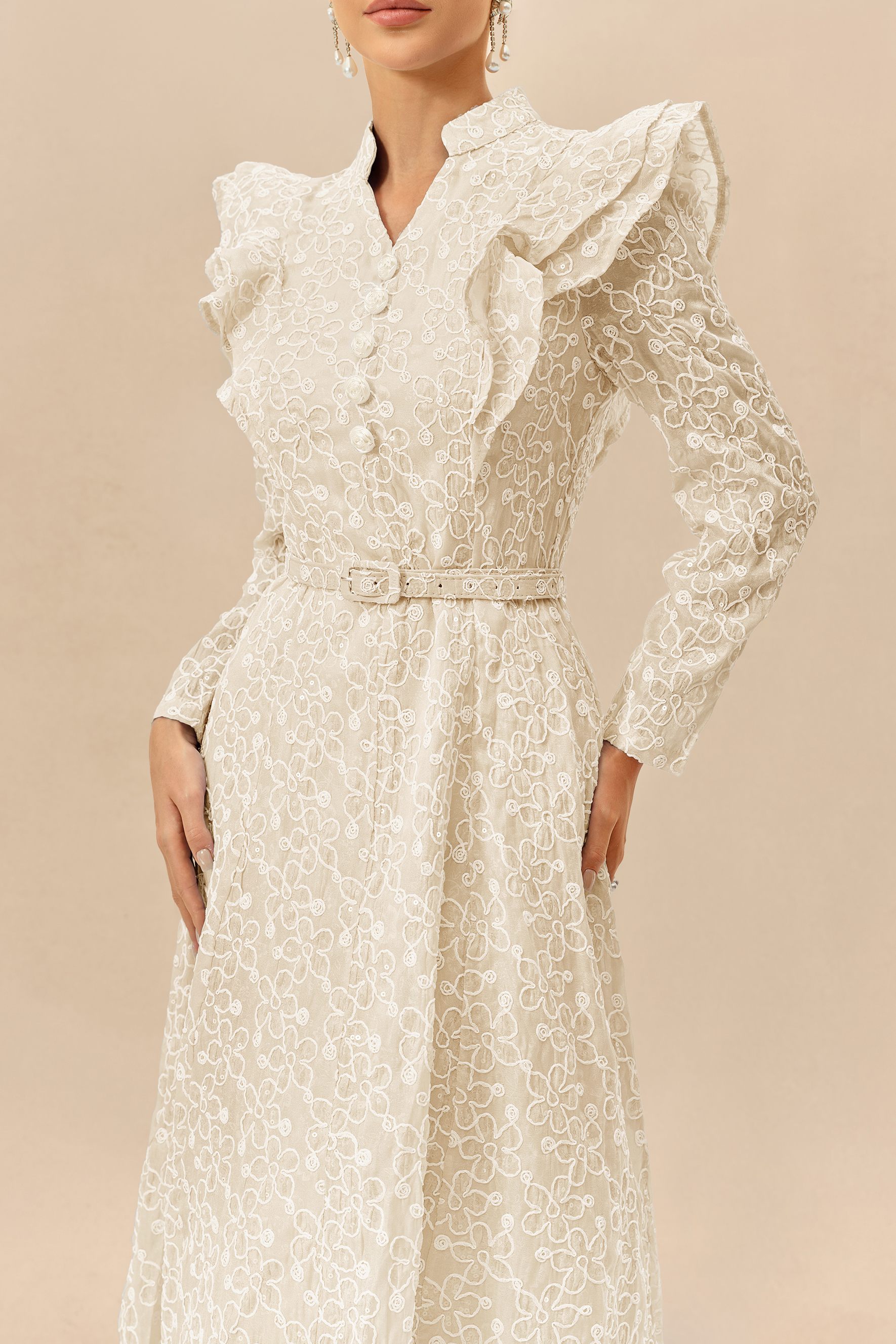 Casual Daydream Apricot Floral Embroidery Ruffle Shoulder Maxi Dress