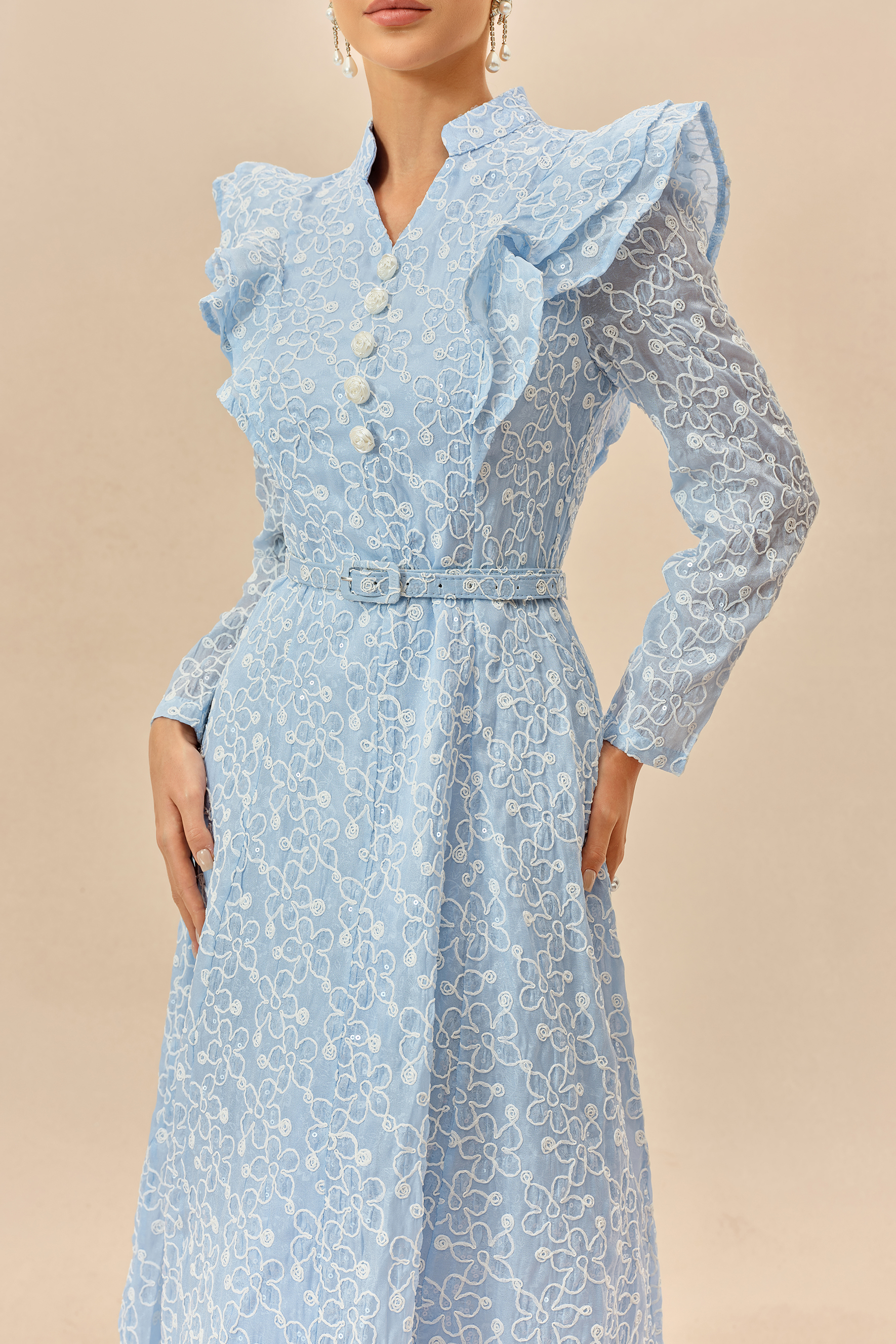 Casual Daydream Blue Floral Embroidery Ruffle Shoulder Maxi Dress