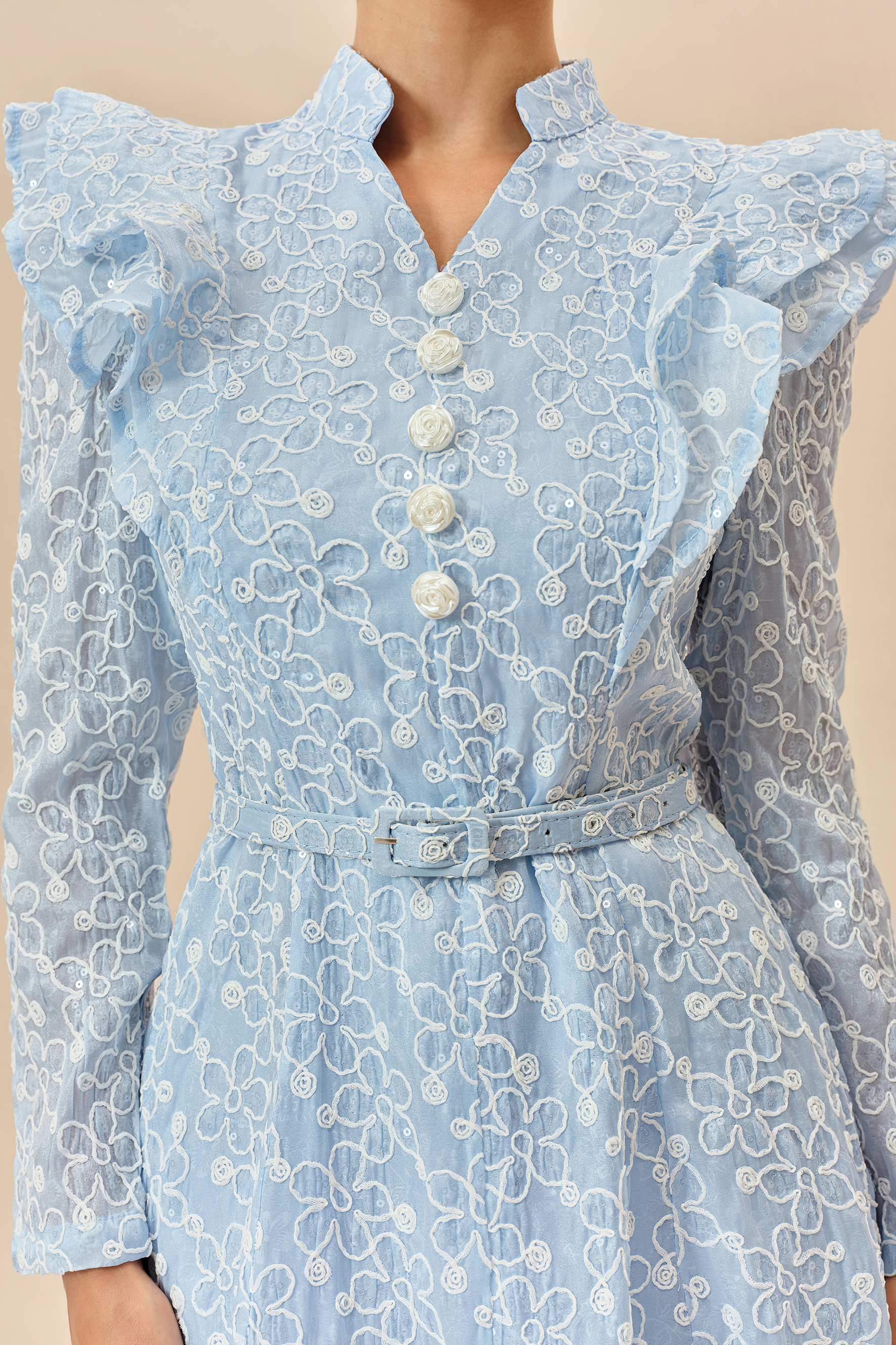 Casual Daydream Blue Floral Embroidery Ruffle Shoulder Maxi Dress