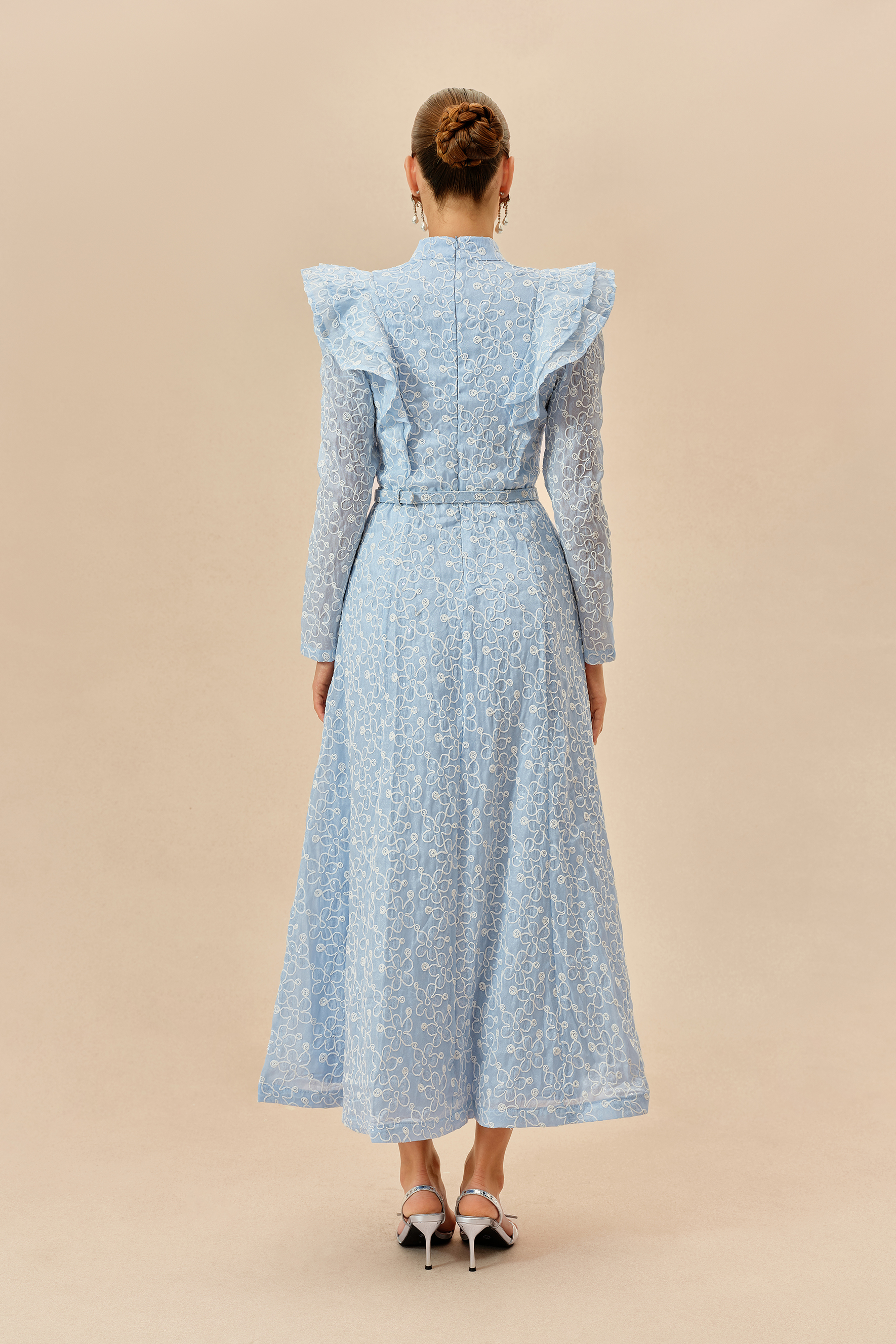 Casual Daydream Blue Floral Embroidery Ruffle Shoulder Maxi Dress