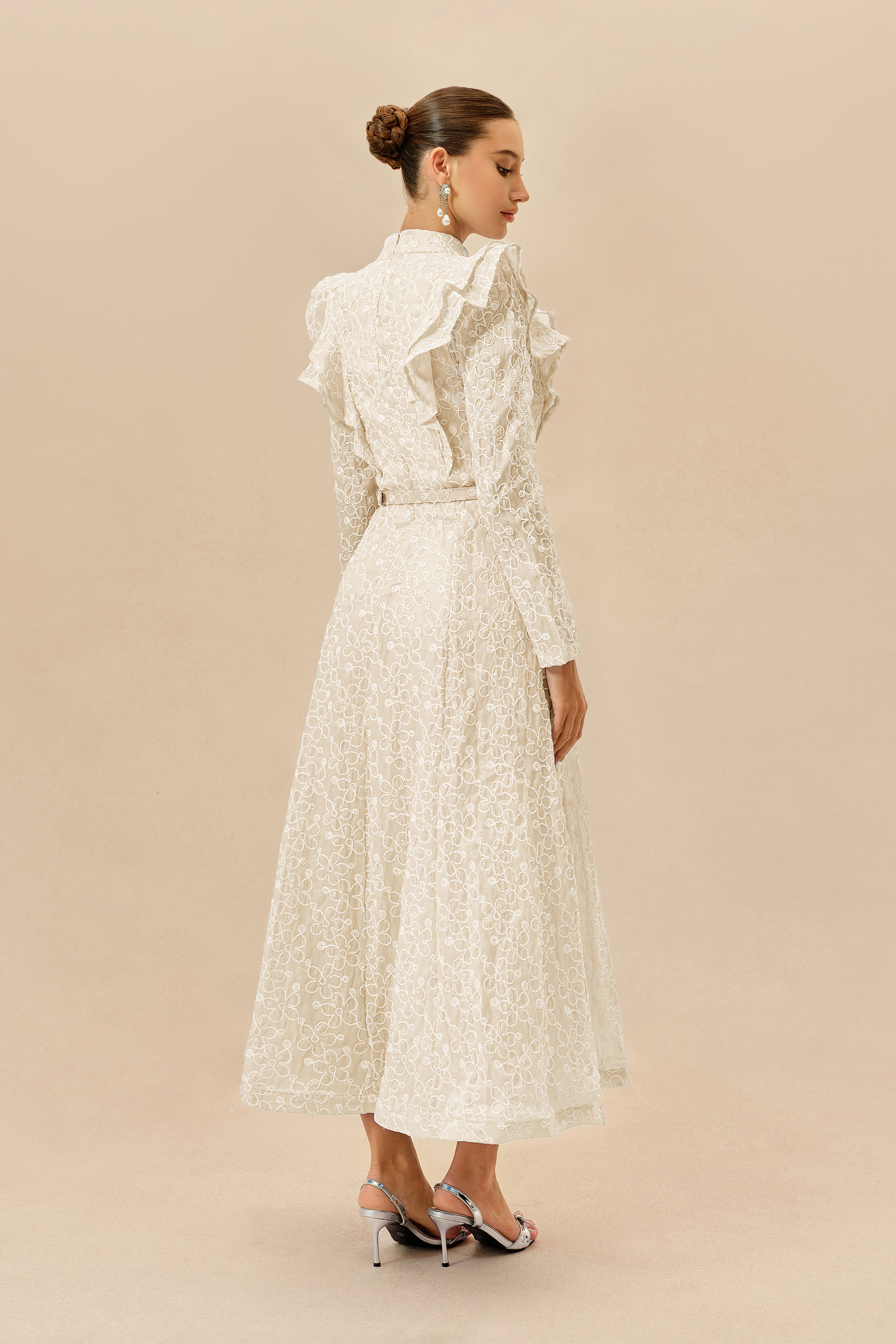 Casual Daydream Apricot Floral Embroidery Ruffle Shoulder Maxi Dress