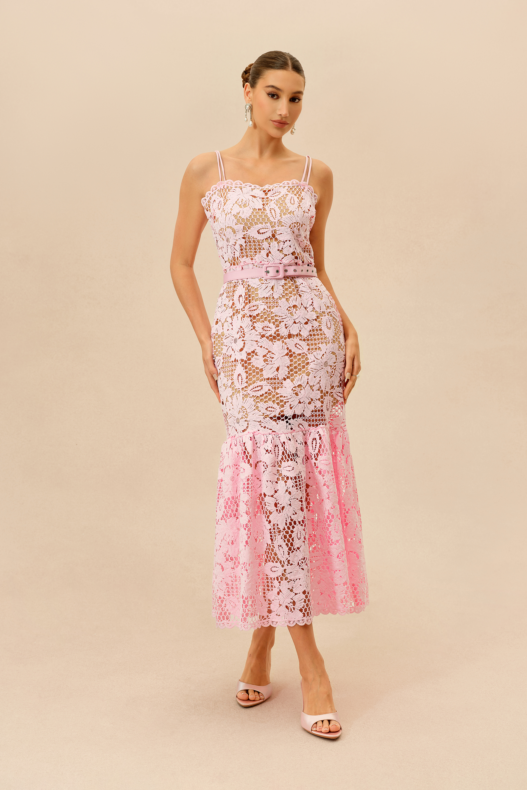 Sweet Obsession Pink Floral Lace Ruffle Hem Maxi Dress