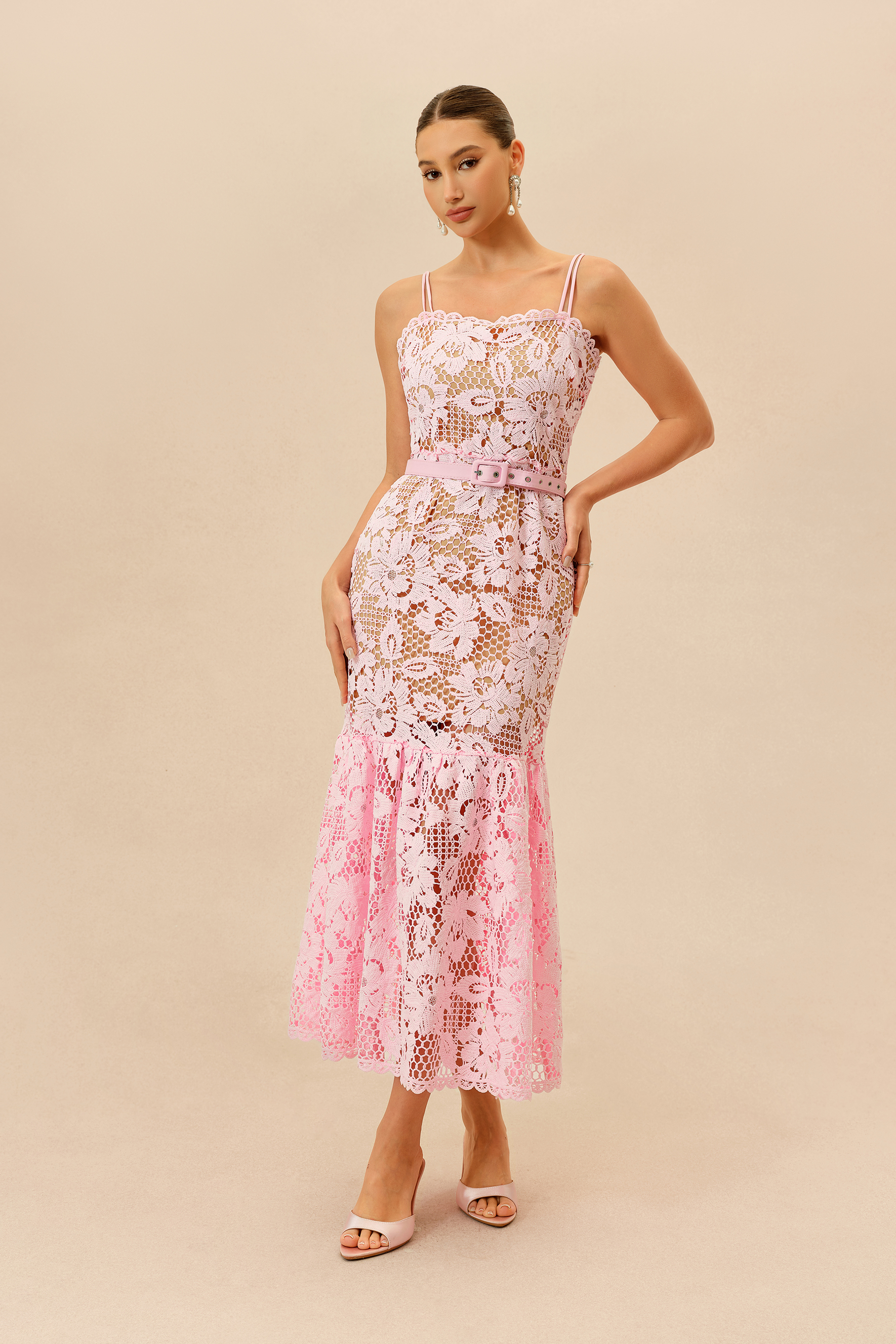 Sweet Obsession Pink Floral Lace Ruffle Hem Maxi Dress