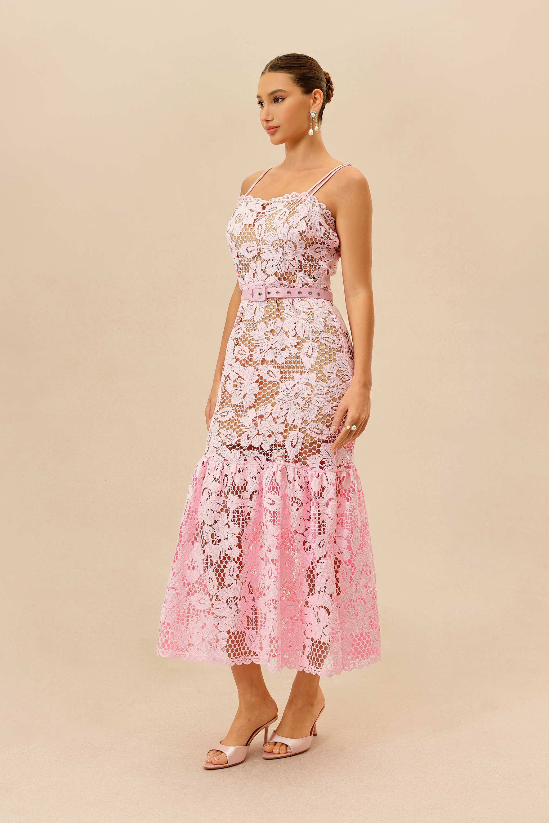 Sweet Obsession Pink Floral Lace Ruffle Hem Maxi Dress