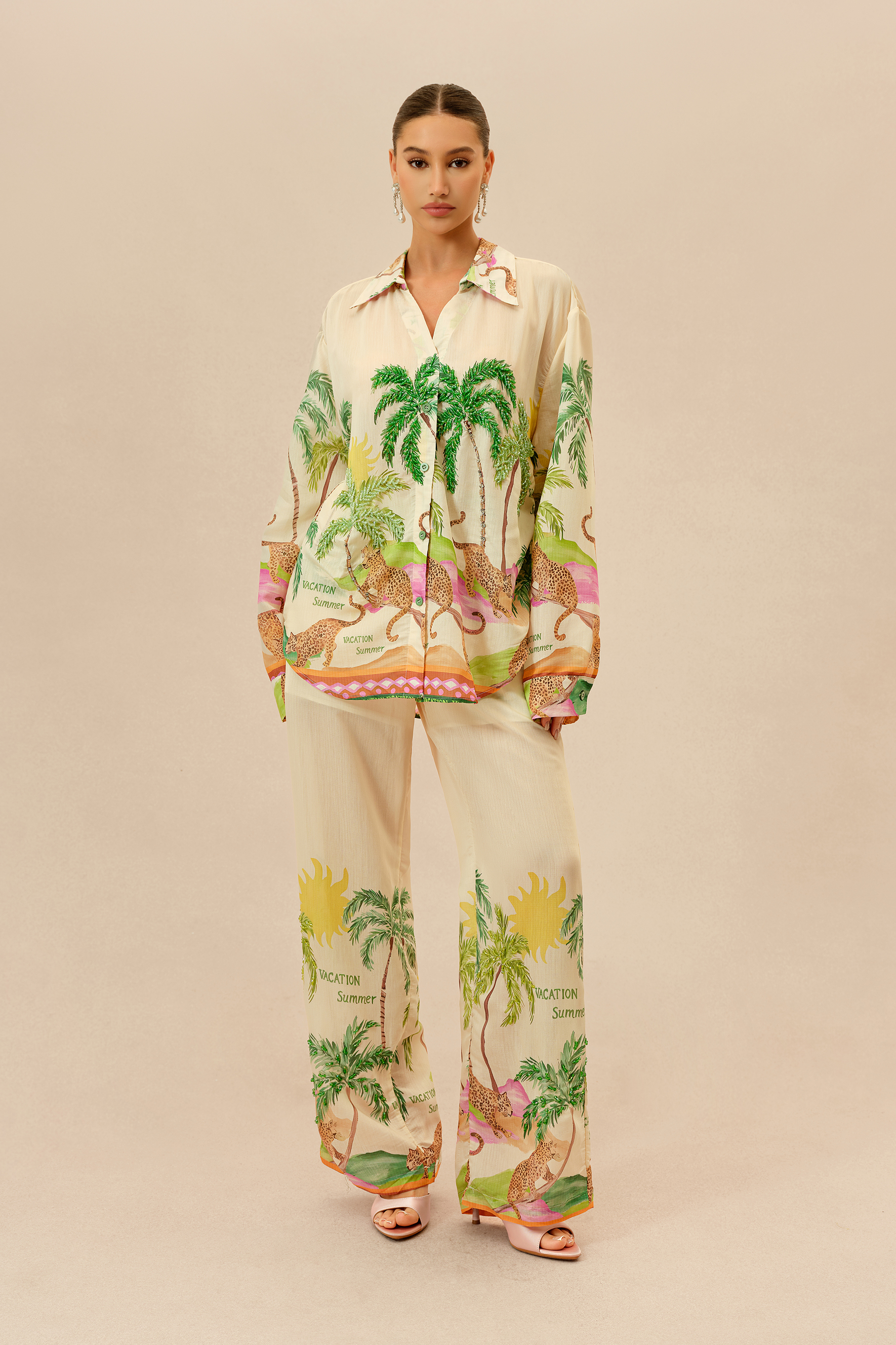 Vacation Mode Multi Tropical Print Long Sleeve Shirt & Wide Leg Pants Set