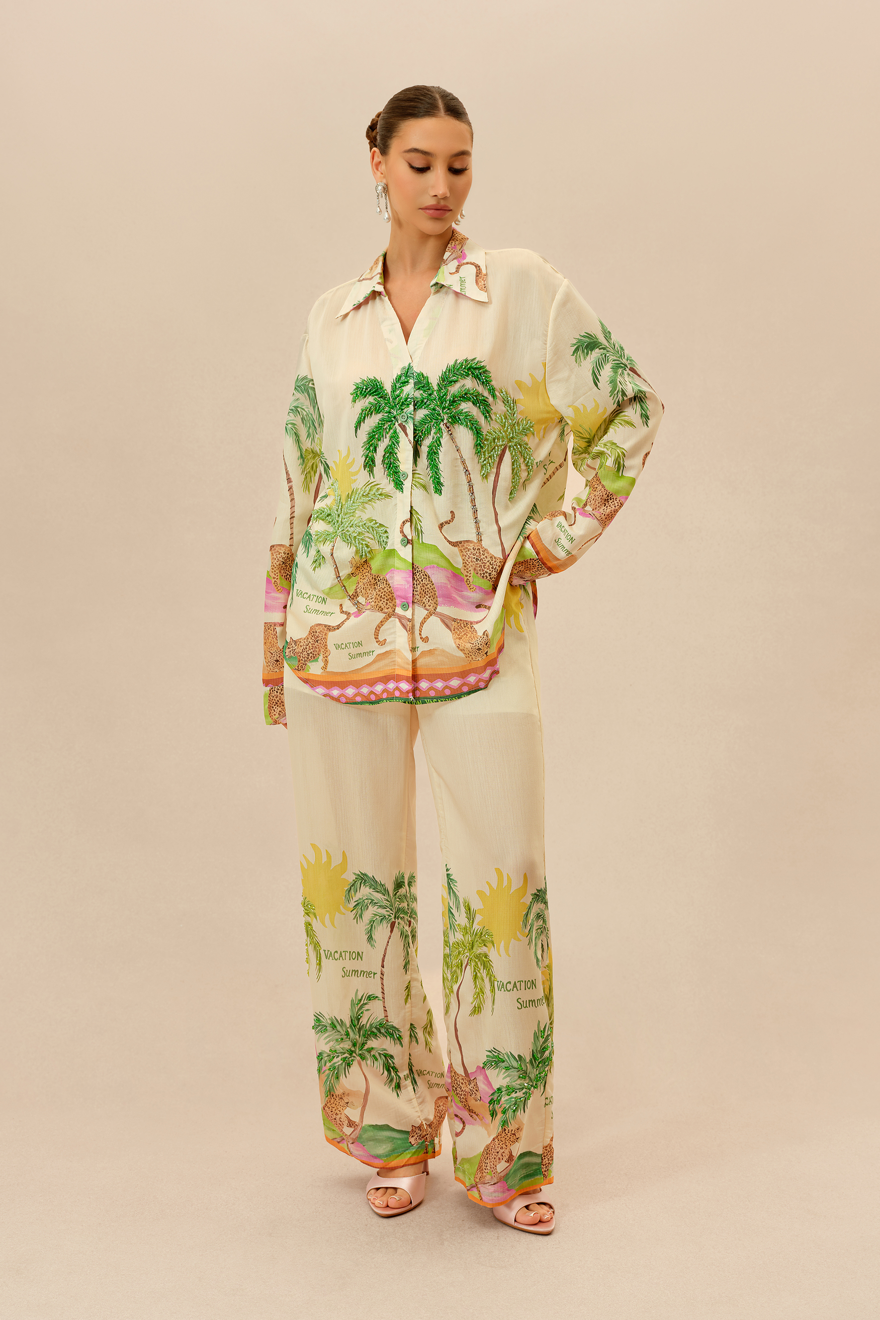 Vacation Mode Multi Tropical Print Long Sleeve Shirt & Wide Leg Pants Set