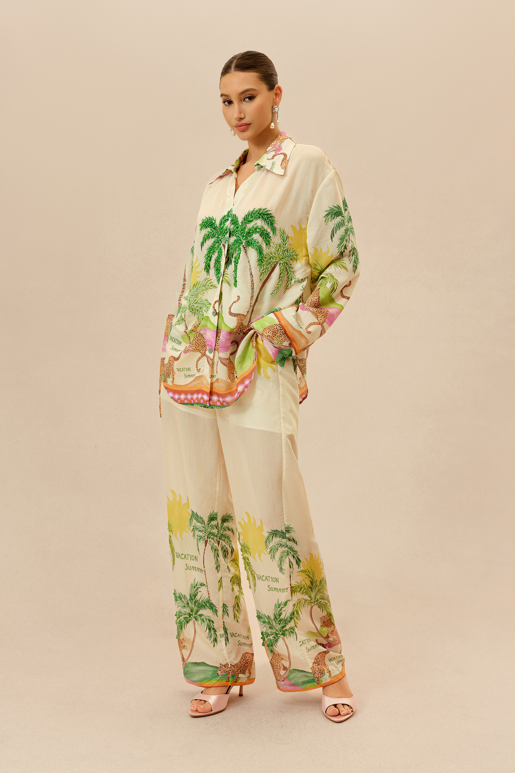 Vacation Mode Multi Tropical Print Long Sleeve Shirt & Wide Leg Pants Set