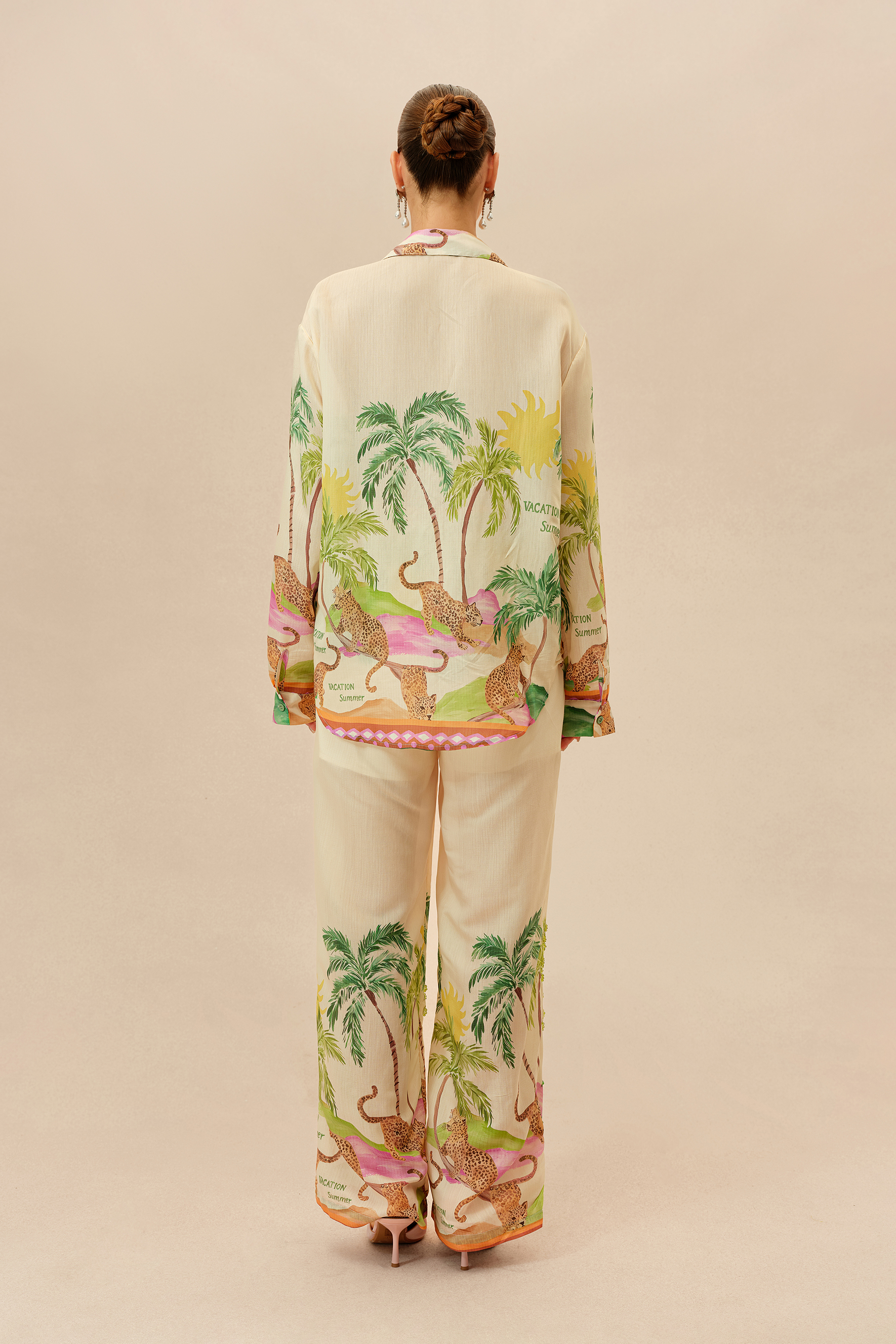 Vacation Mode Multi Tropical Print Long Sleeve Shirt & Wide Leg Pants Set