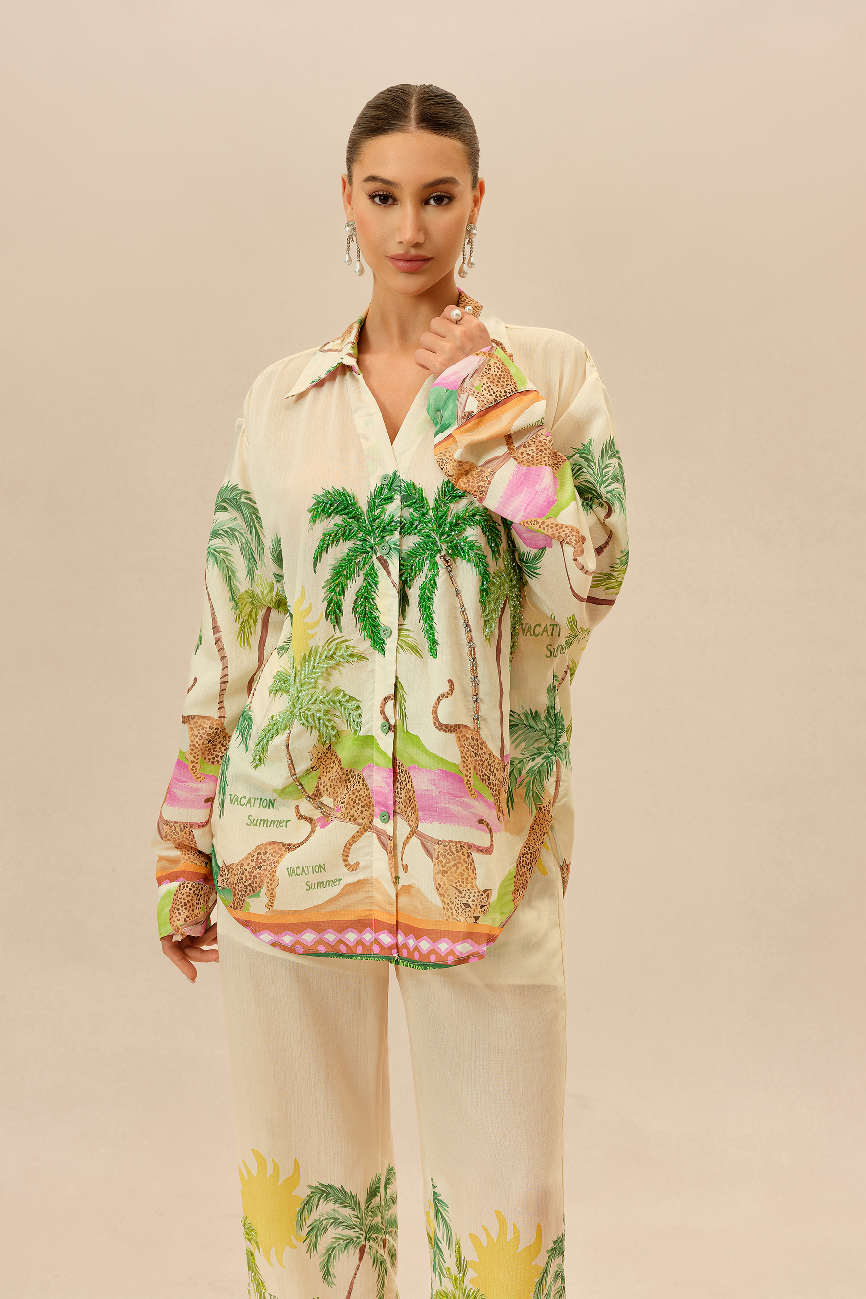 Vacation Mode Multi Tropical Print Long Sleeve Shirt & Wide Leg Pants Set