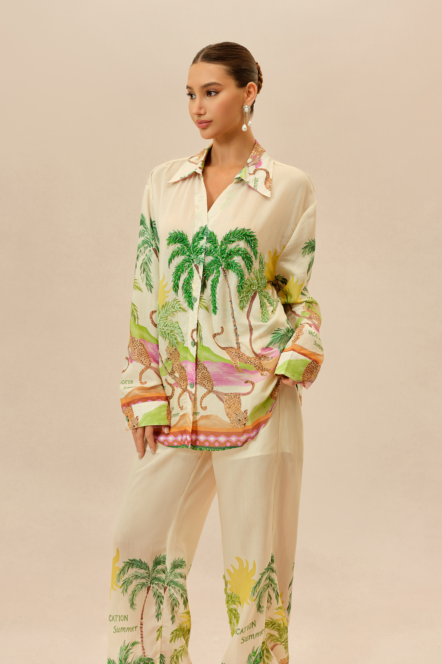 Vacation Mode Multi Tropical Print Long Sleeve Shirt & Wide Leg Pants Set