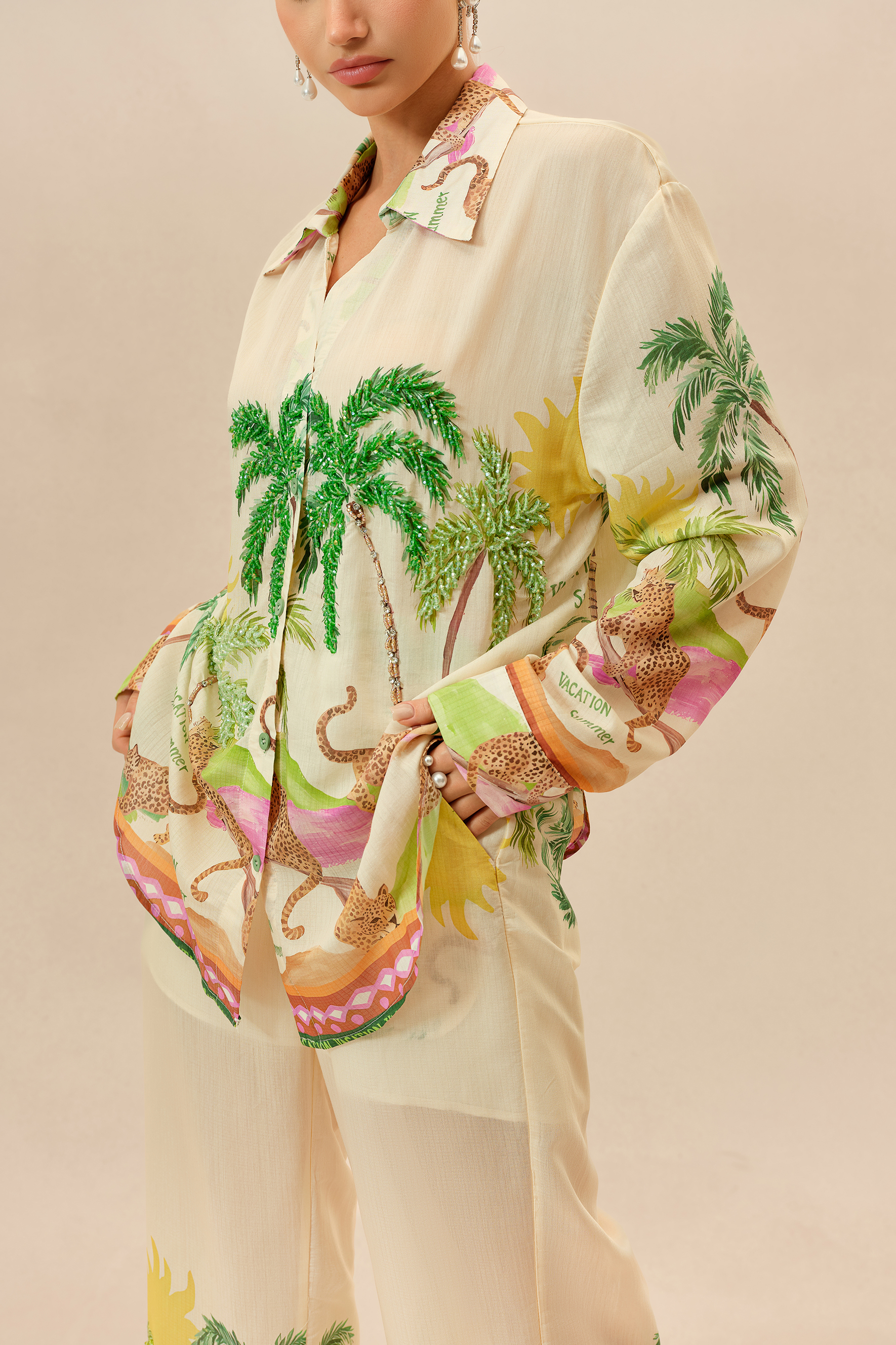 Vacation Mode Multi Tropical Print Long Sleeve Shirt & Wide Leg Pants Set
