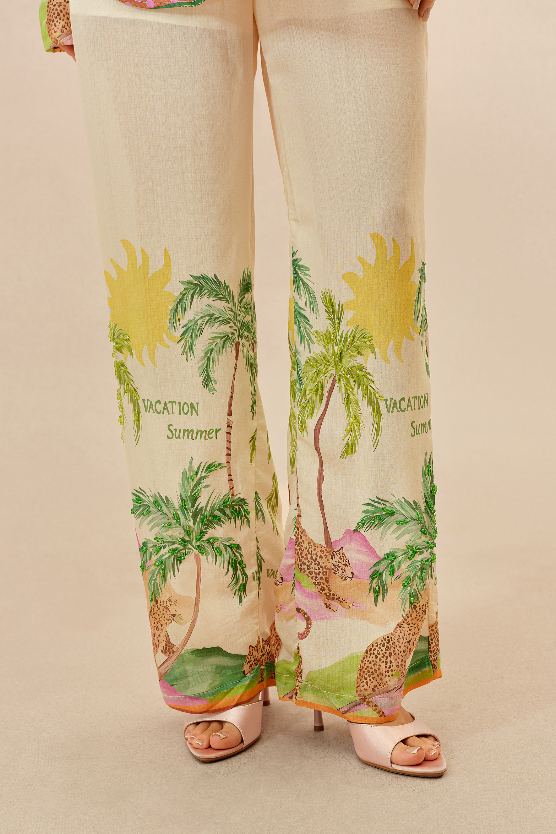 Vacation Mode Multi Tropical Print Long Sleeve Shirt & Wide Leg Pants Set