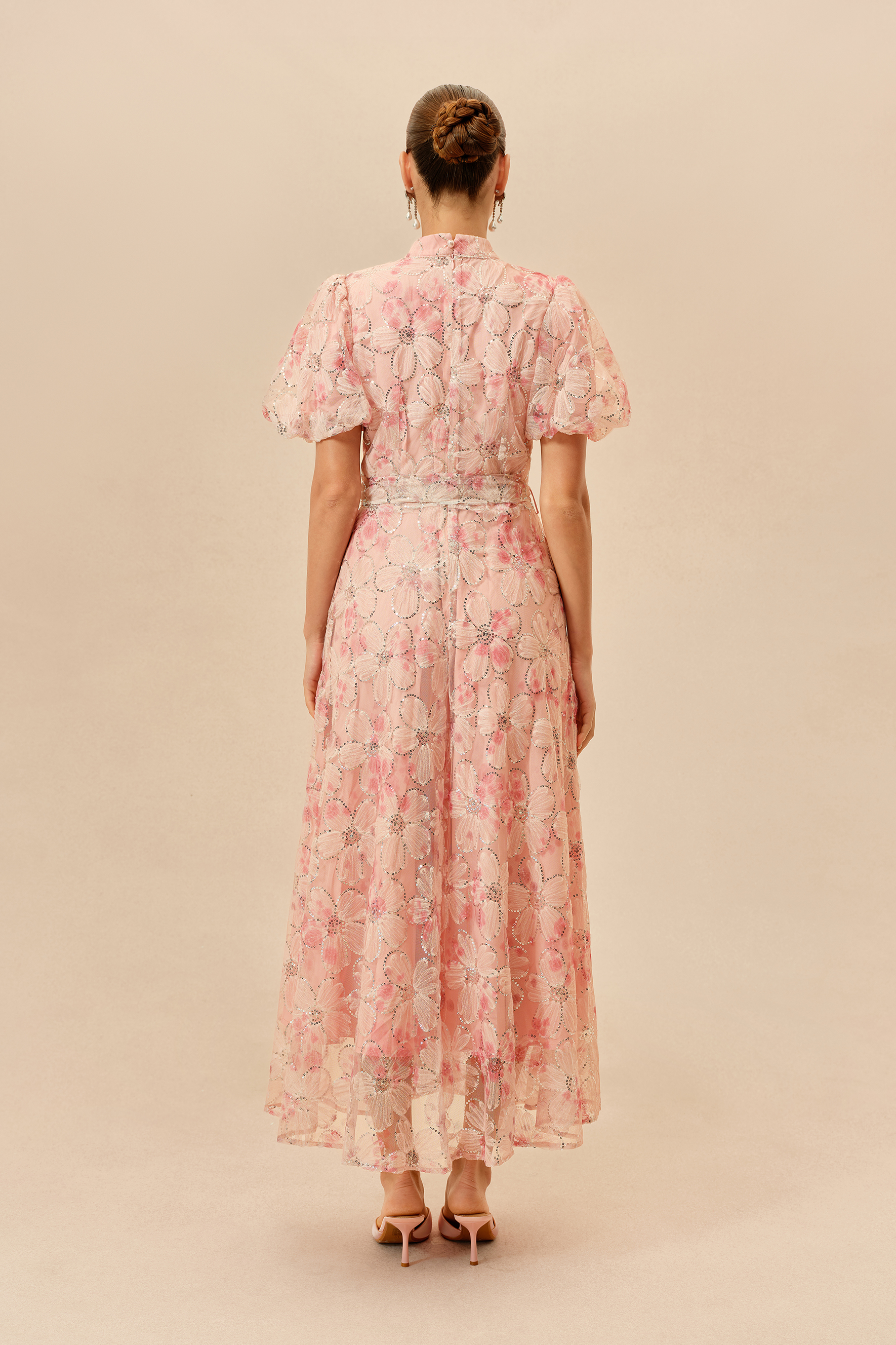 Sweetest Thing Pink Floral Sequin Embroidery Puff Sleeve Maxi Dress