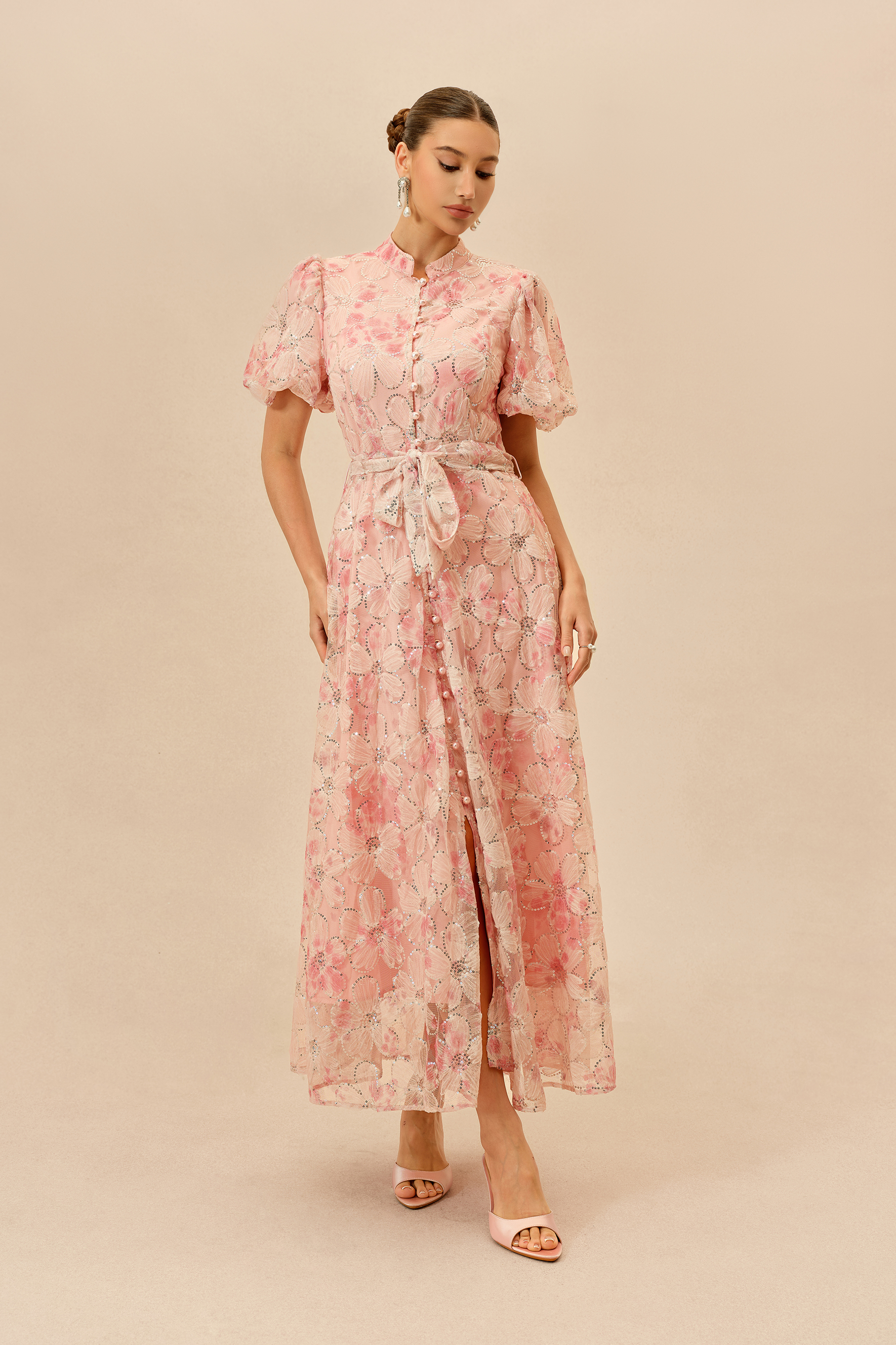 Sweetest Thing Pink Floral Sequin Embroidery Puff Sleeve Maxi Dress