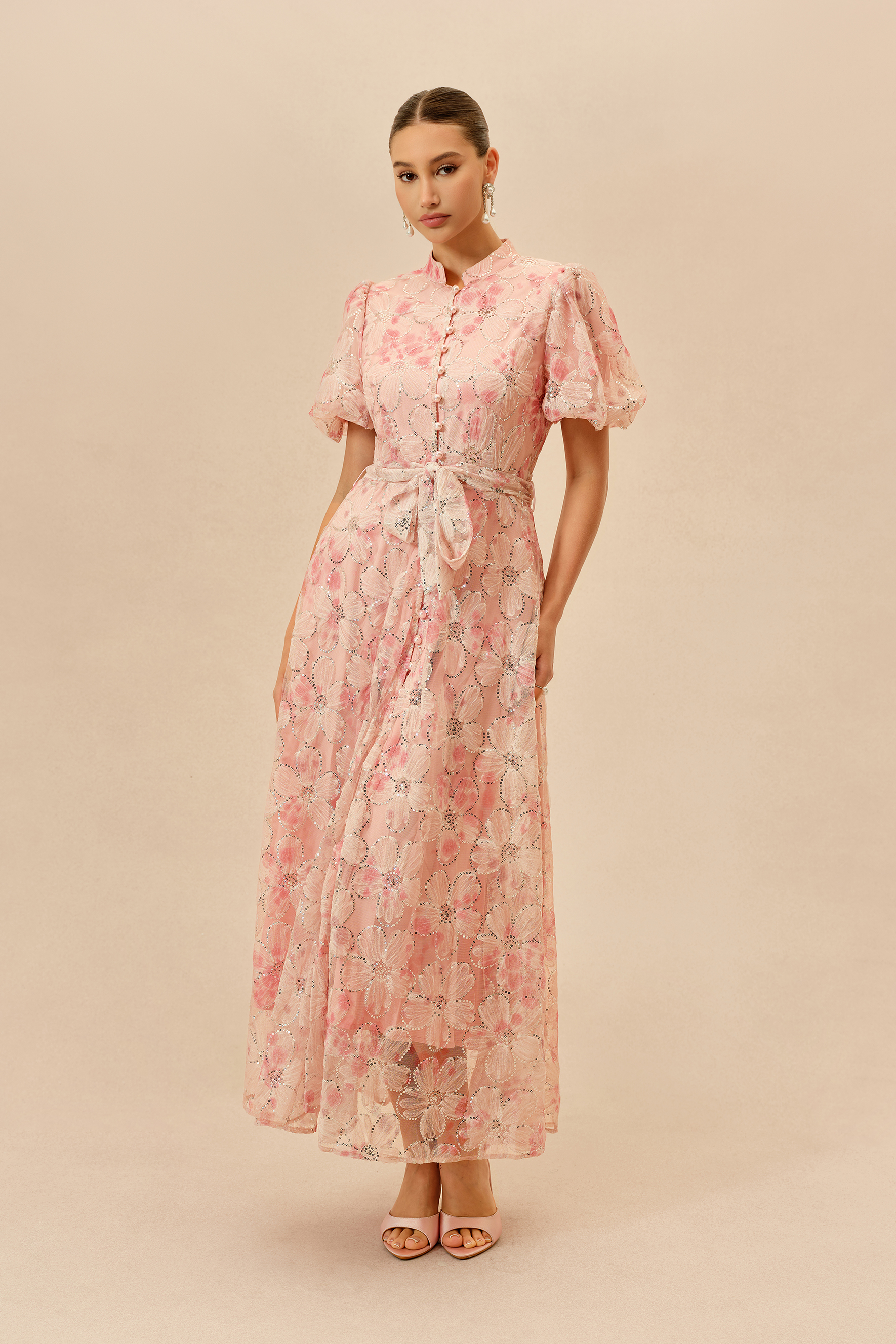 Sweetest Thing Pink Floral Sequin Embroidery Puff Sleeve Maxi Dress