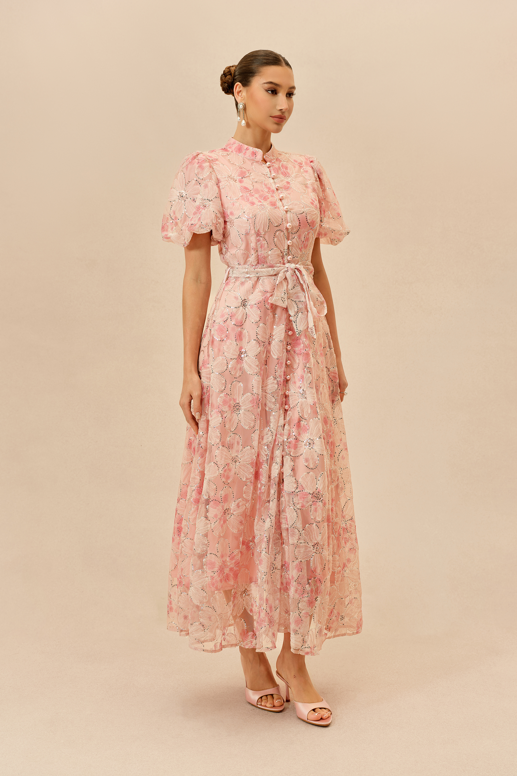 Sweetest Thing Pink Floral Sequin Embroidery Puff Sleeve Maxi Dress