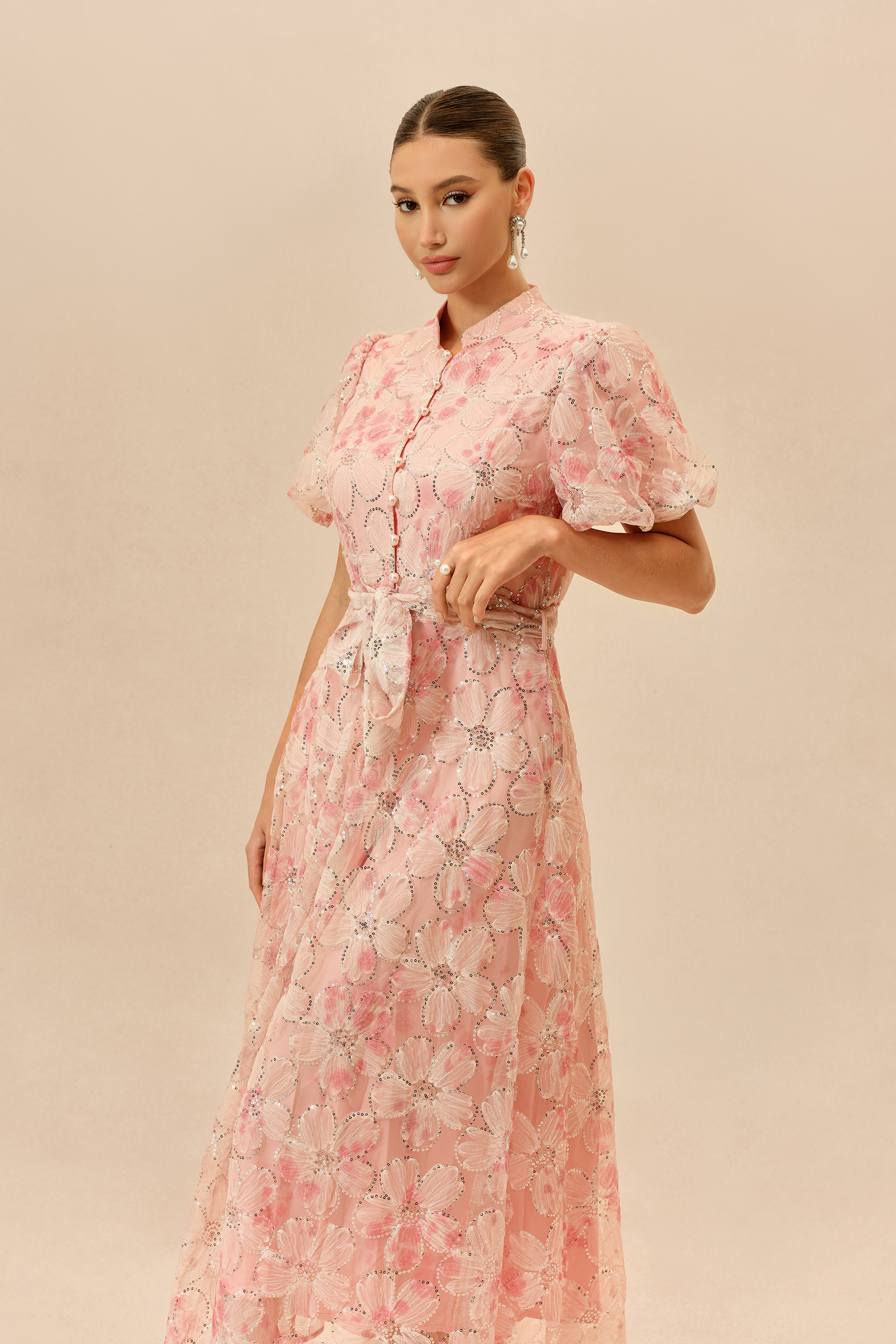 Sweetest Thing Pink Floral Sequin Embroidery Puff Sleeve Maxi Dress
