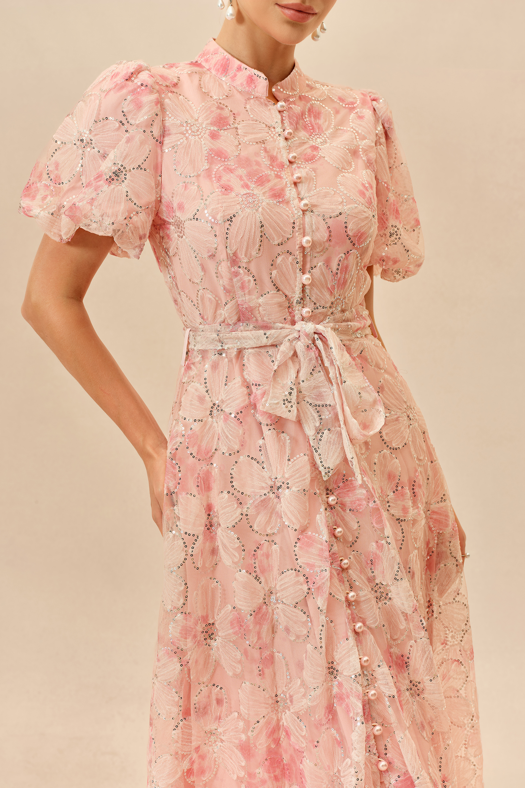 Sweetest Thing Pink Floral Sequin Embroidery Puff Sleeve Maxi Dress