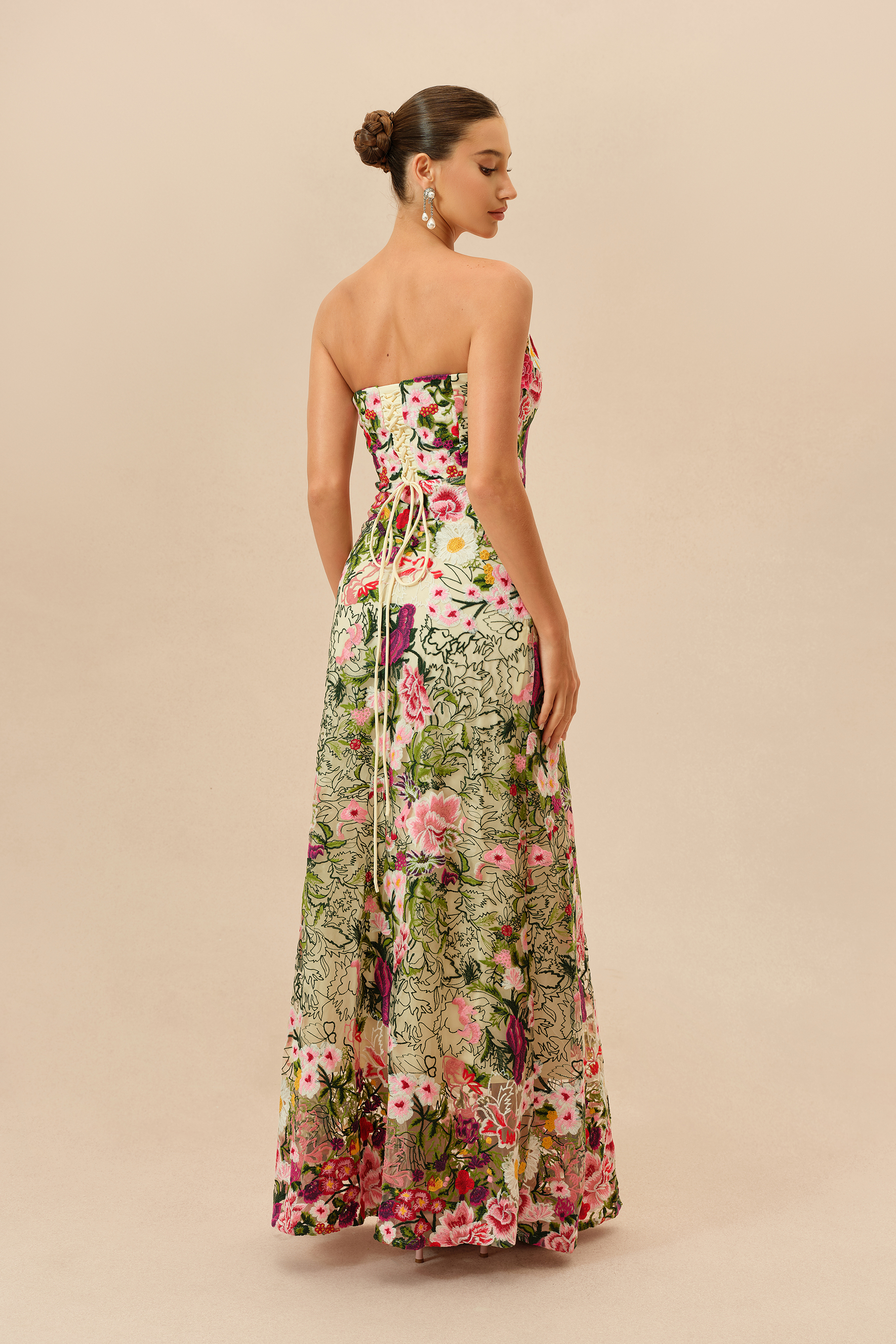 Enchanted Romance Multi Floral Embroidery Sweetheart Maxi Dress