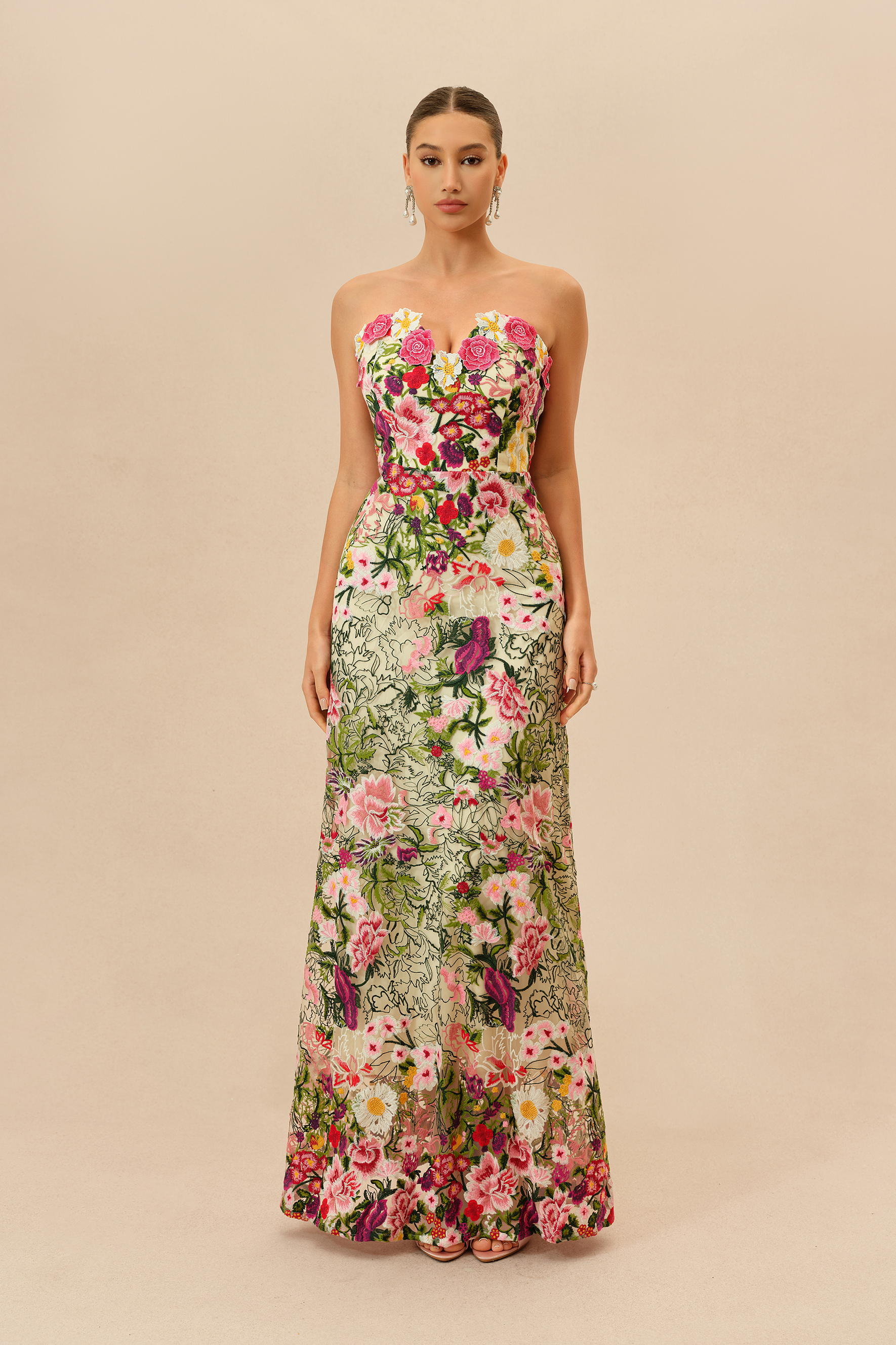 Enchanted Romance Multi Floral Embroidery Sweetheart Maxi Dress