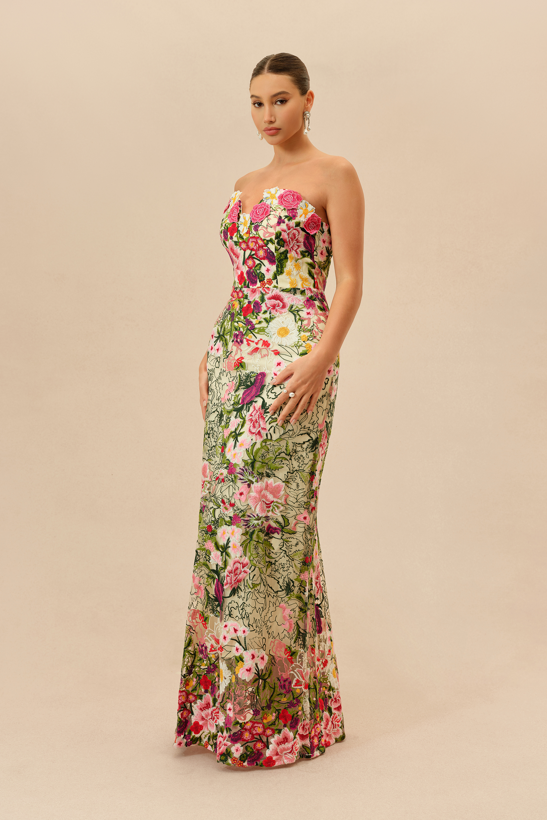 Enchanted Romance Multi Floral Embroidery Sweetheart Maxi Dress