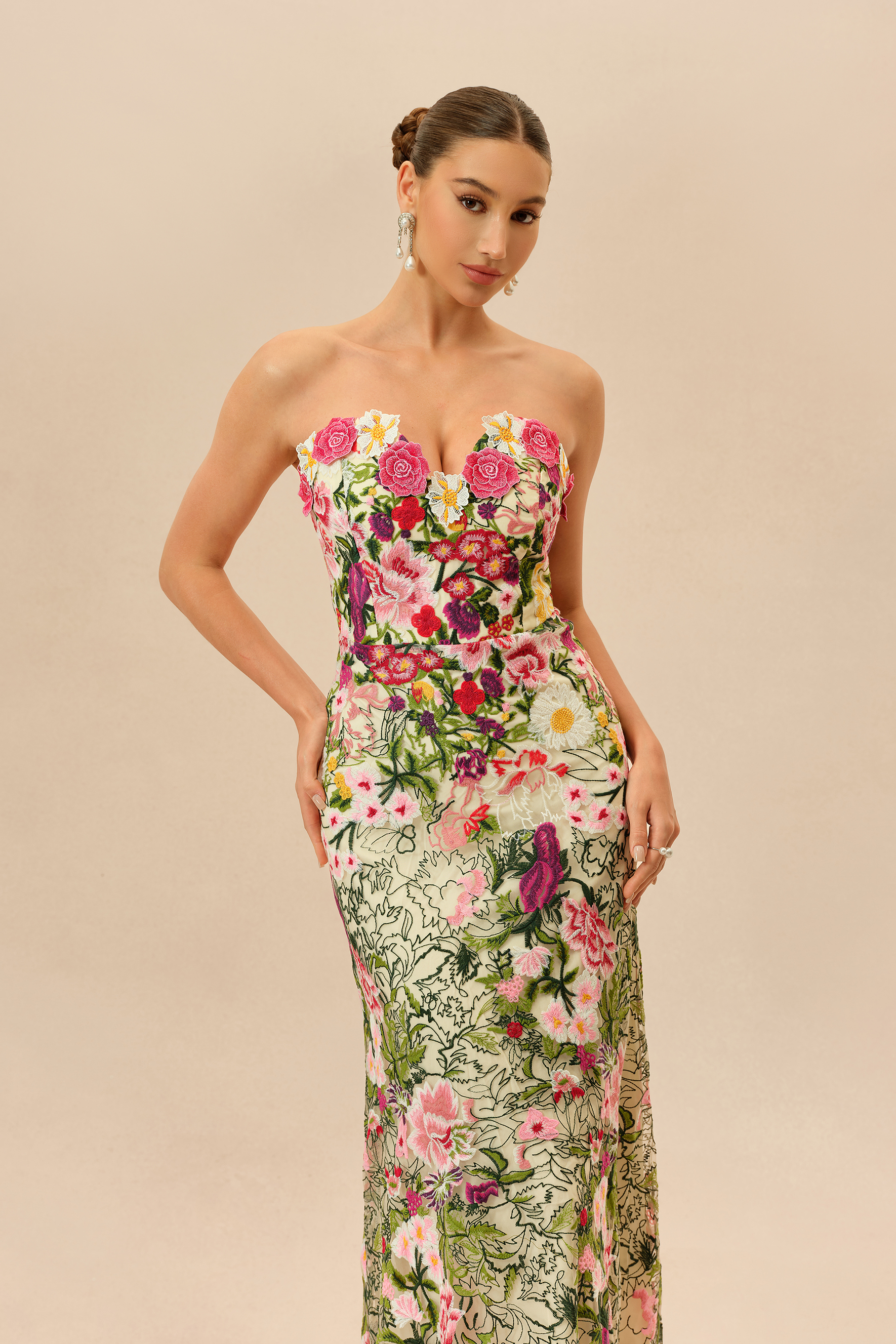 Enchanted Romance Multi Floral Embroidery Sweetheart Maxi Dress