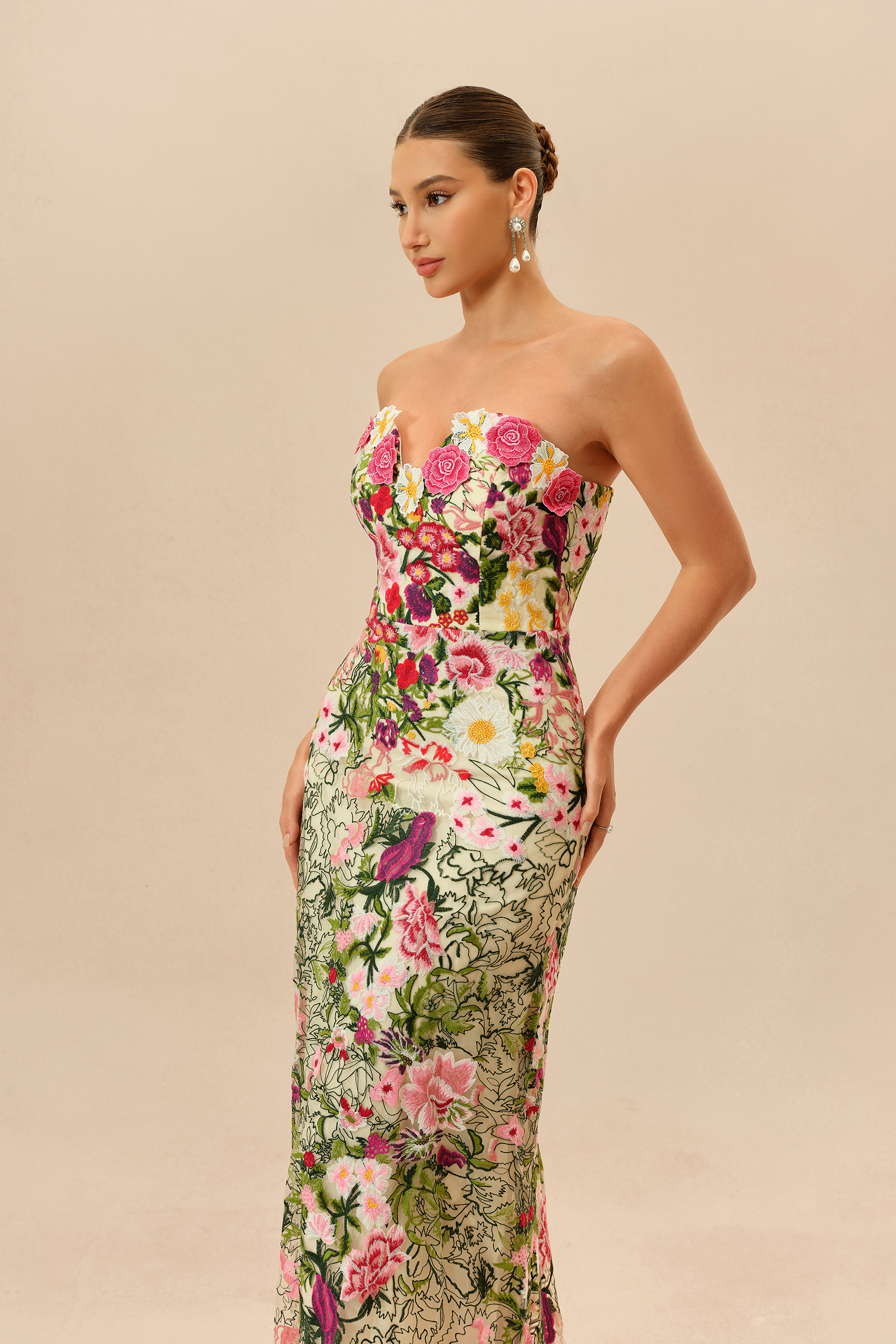 Enchanted Romance Multi Floral Embroidery Sweetheart Maxi Dress