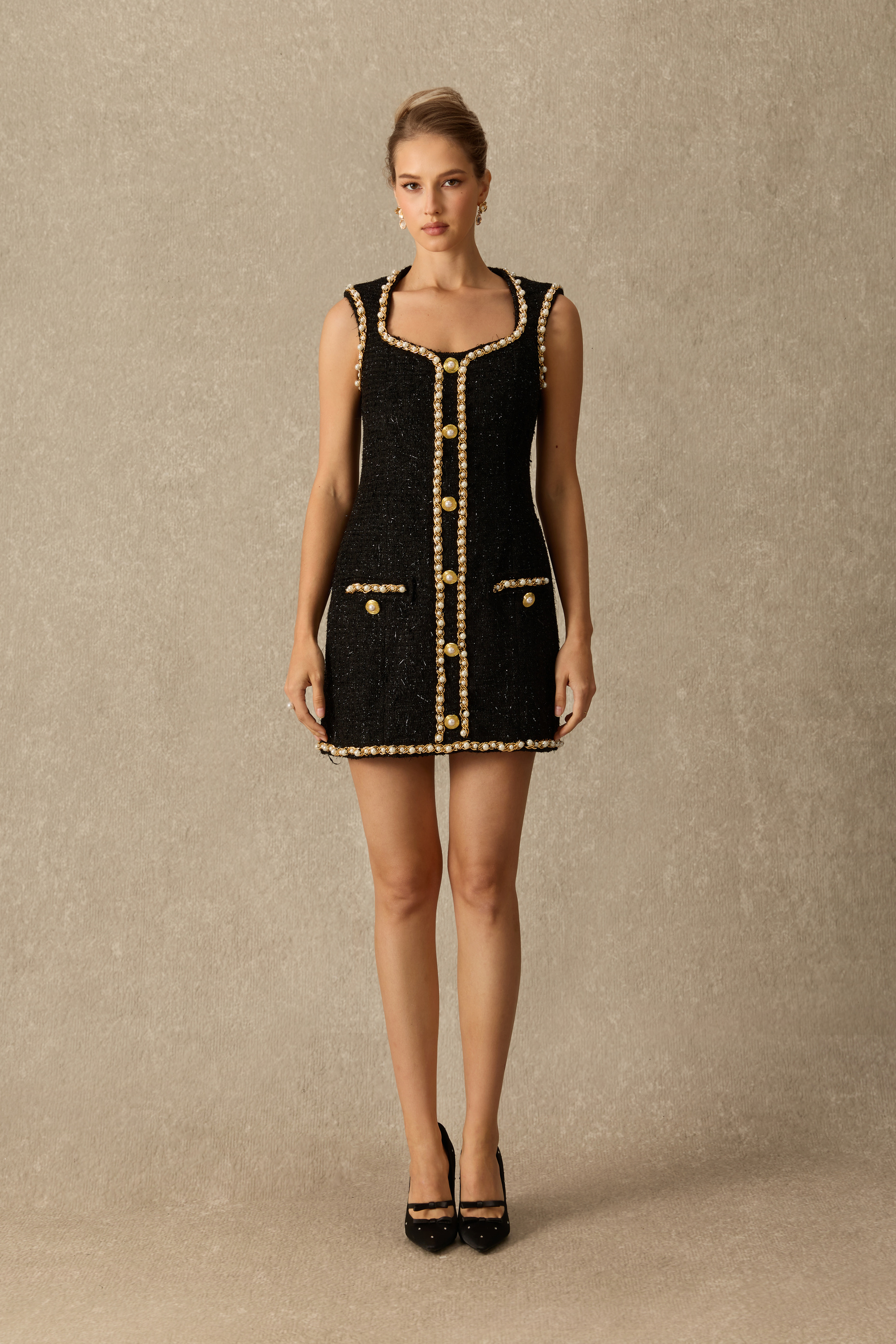Guest Of Honor Pearl Embellished Tweed Mini Dress