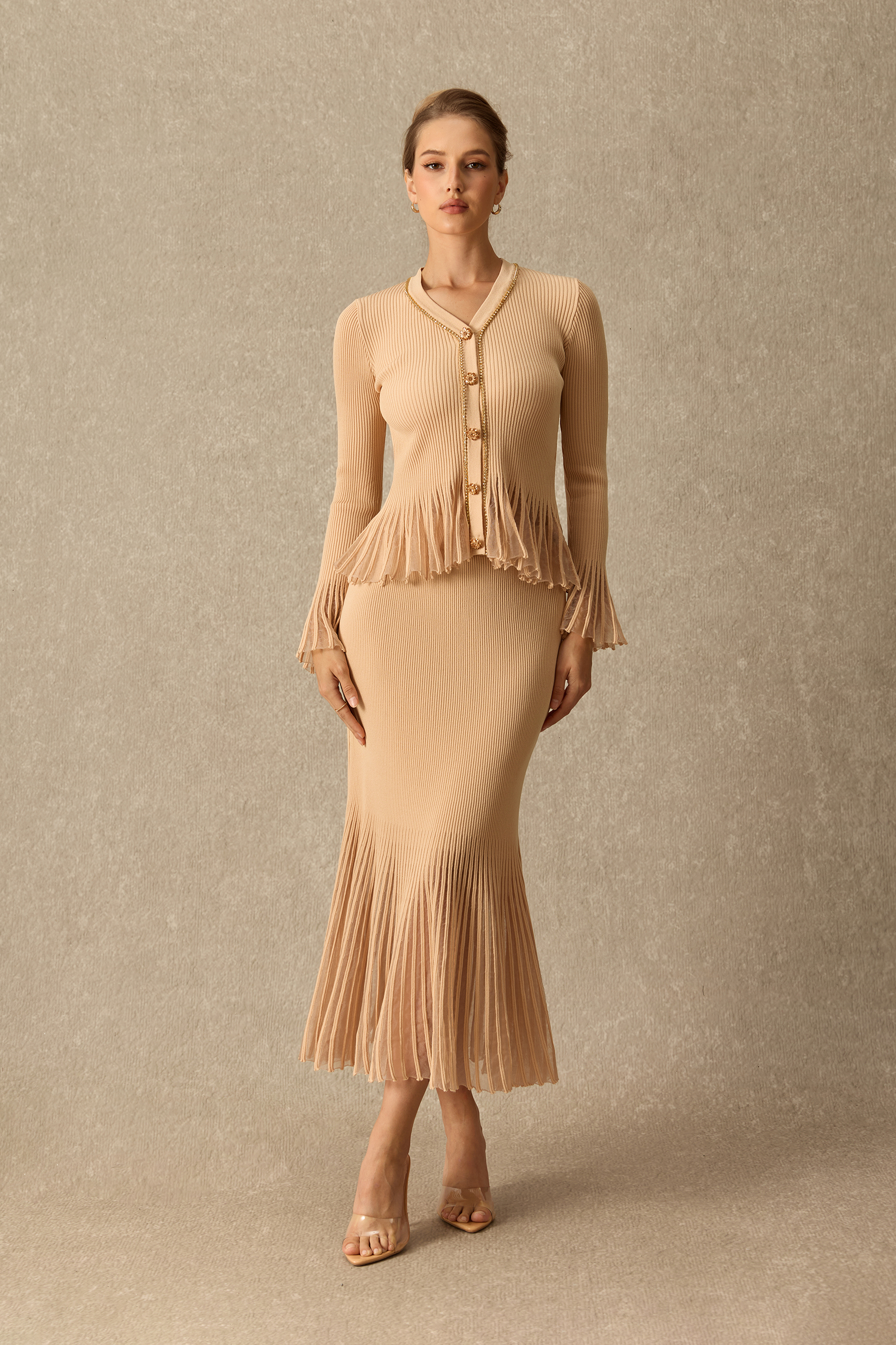 Keep Chill Embellished Flare Sleeve Cardigan & Knit Skirt Set
