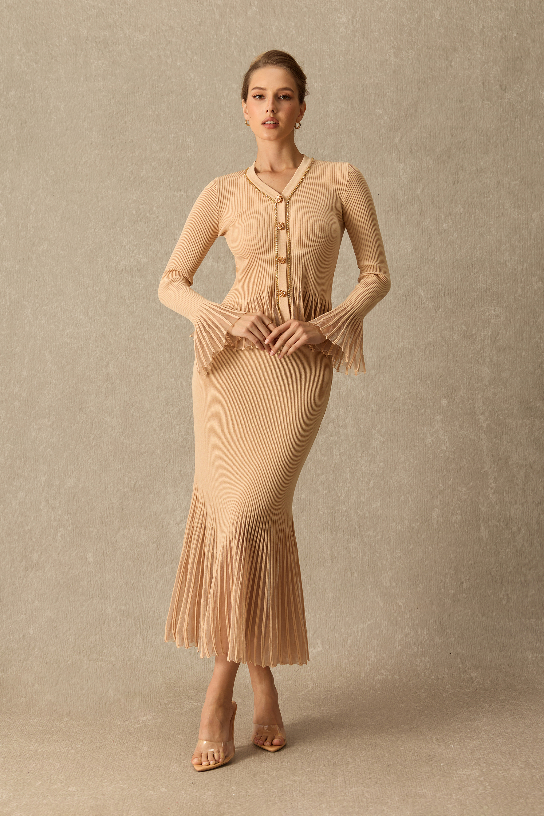 Keep Chill Embellished Flare Sleeve Cardigan & Knit Skirt Set