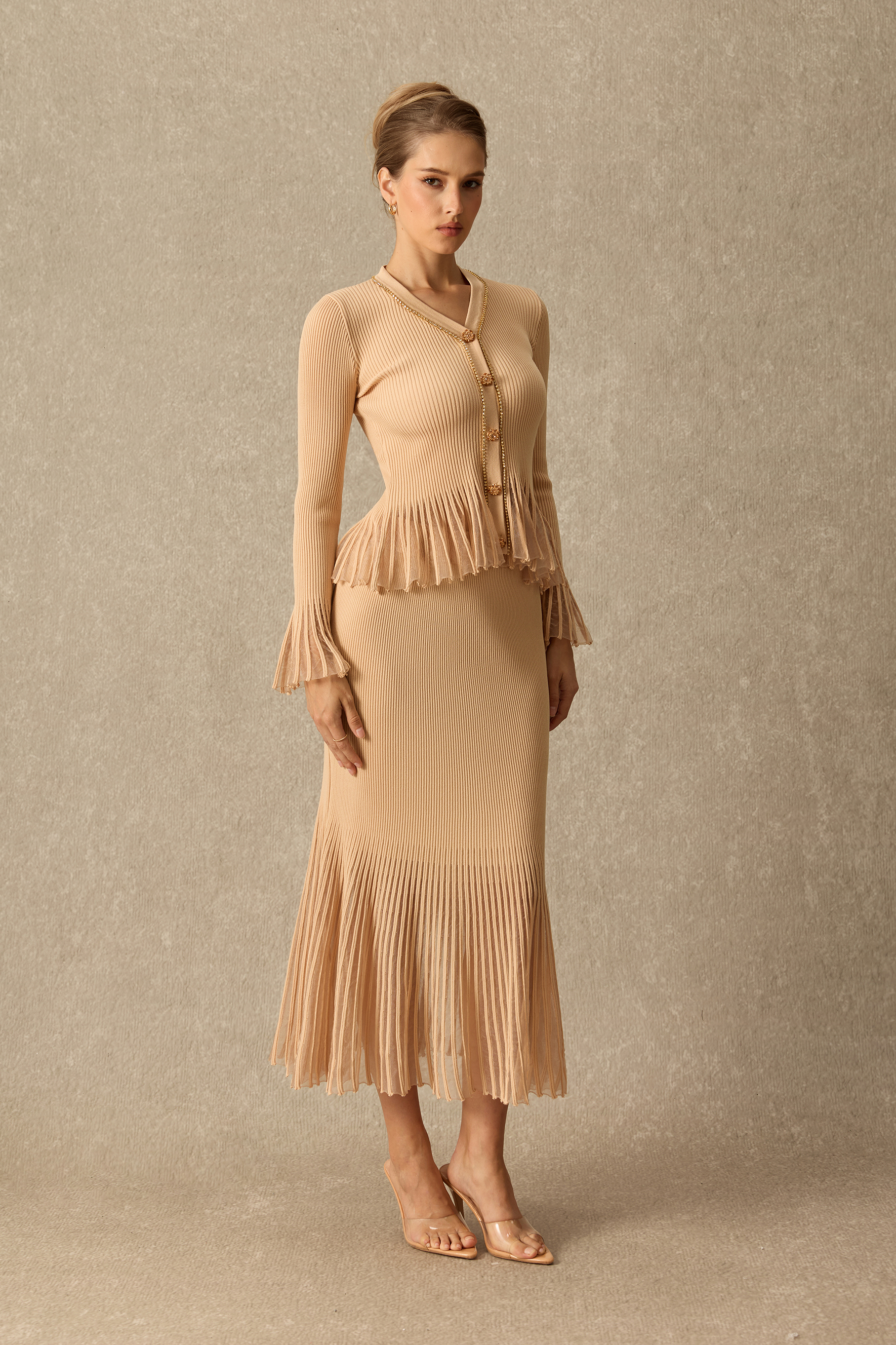 Keep Chill Embellished Flare Sleeve Cardigan & Knit Skirt Set