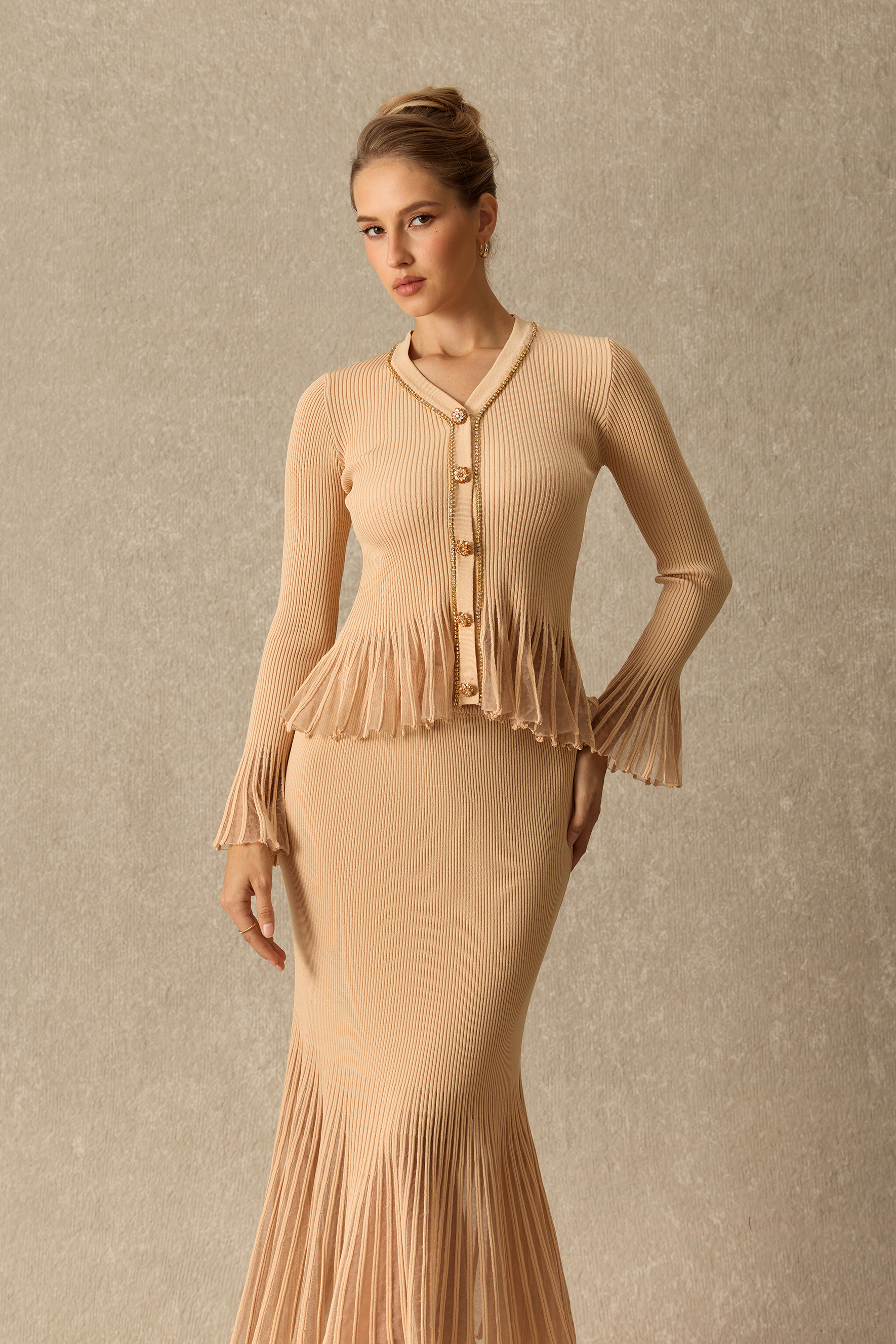 Keep Chill Embellished Flare Sleeve Cardigan & Knit Skirt Set