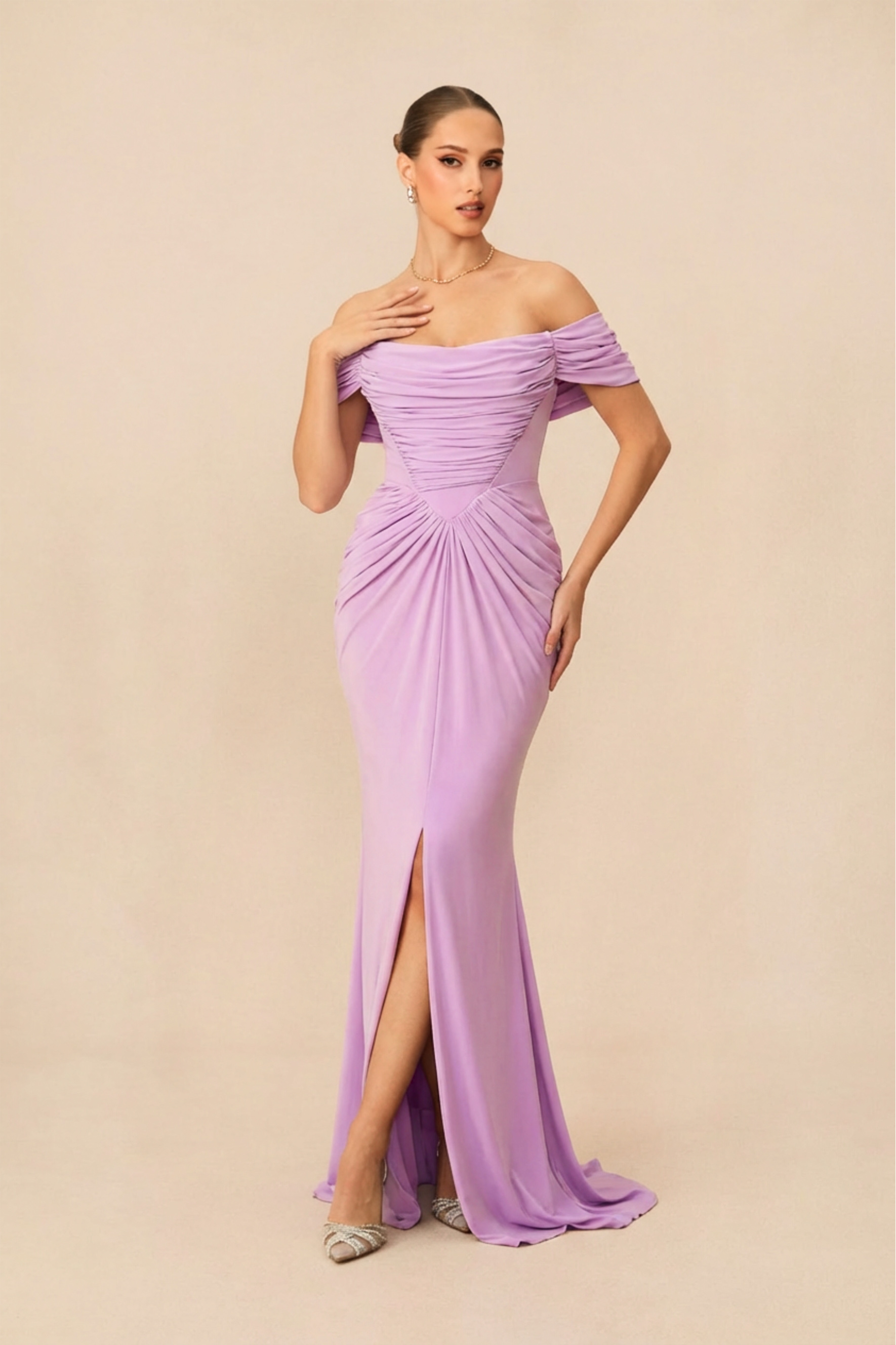 Classy Sensation Purple Off-Shoulder Gathered Maxi Dress