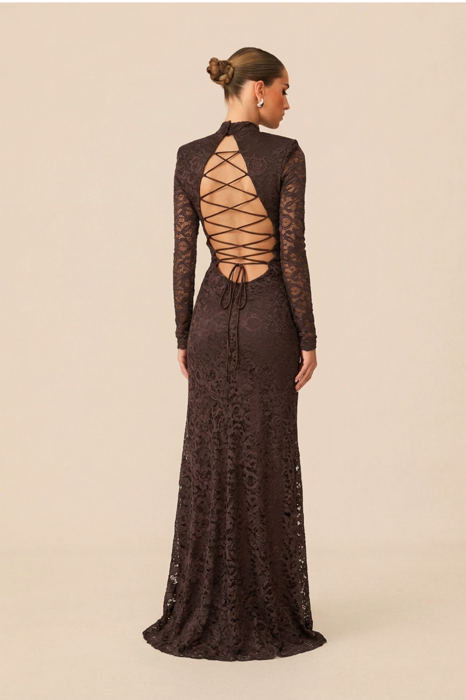 Appetite for Seduction Brown Sheer Lace Open Back Maxi Dress