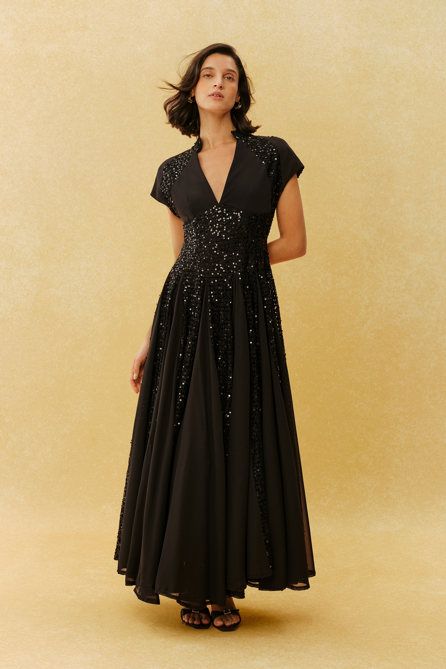 Just Enough Black Sequin V Neck Cap Sleeve Maxi Dress