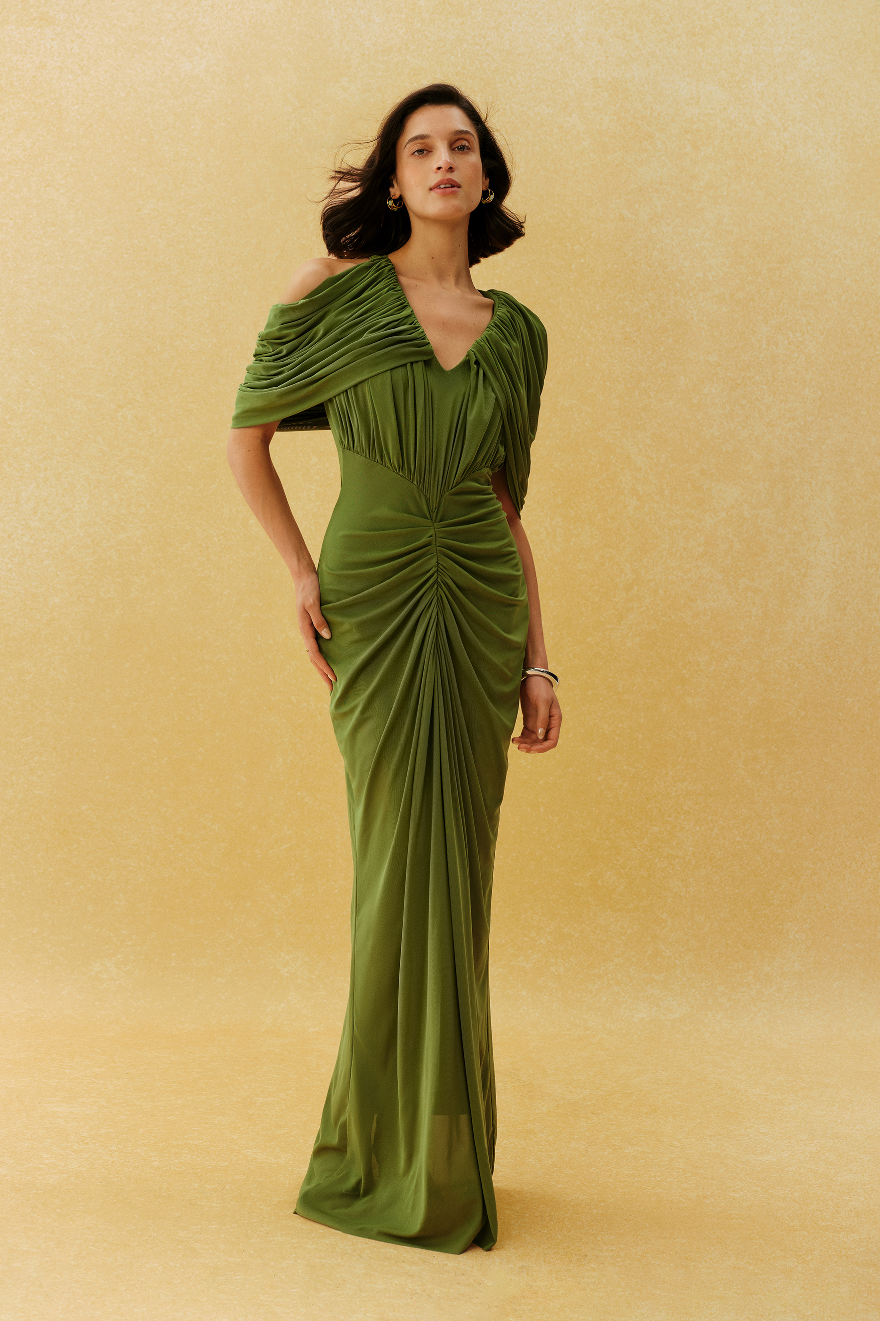Graceful Arrival Green Draped V Neck Ruched Maxi Dress