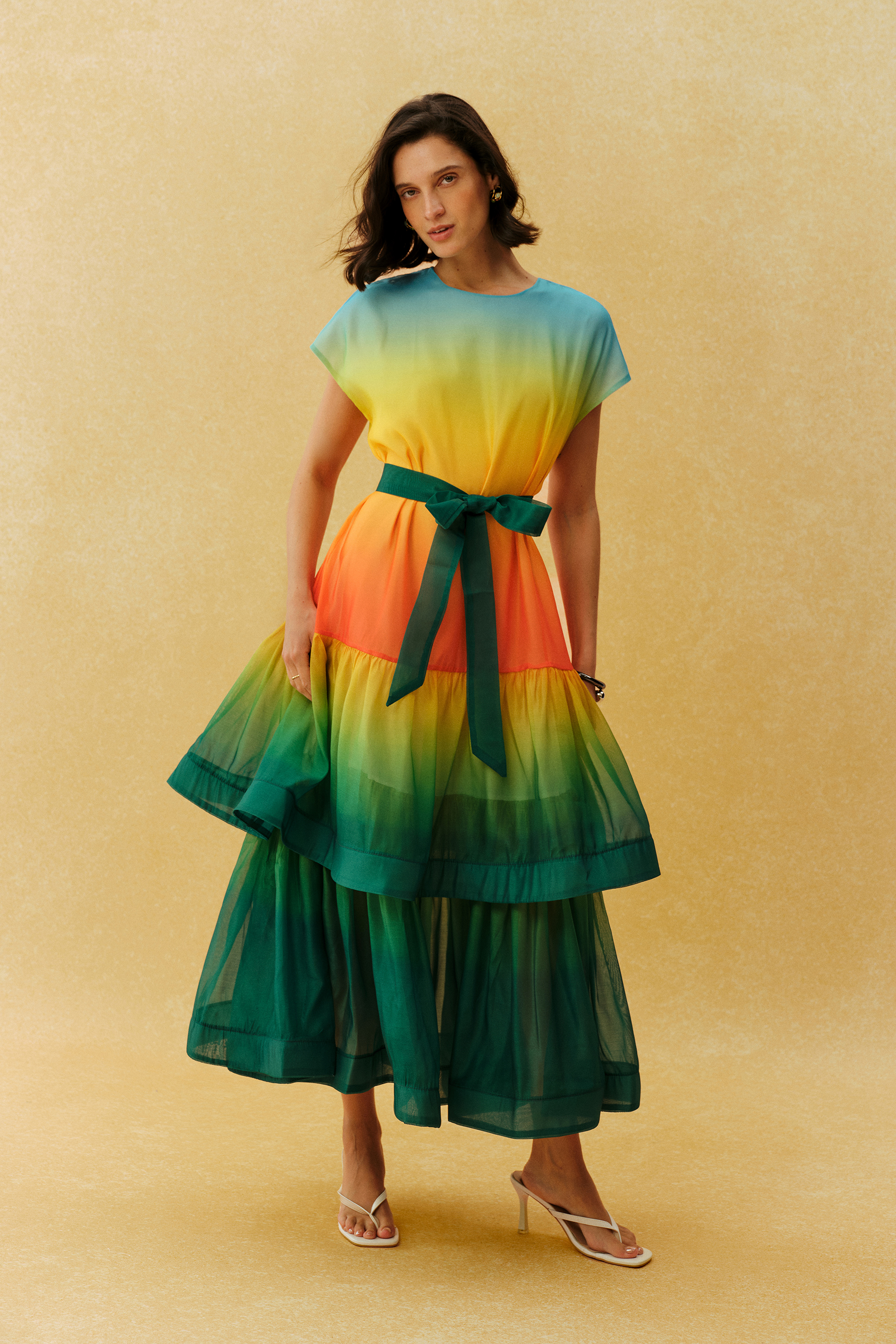 Authentically Yours Multi Gradient Cap Sleeve Tiered Maxi Dress