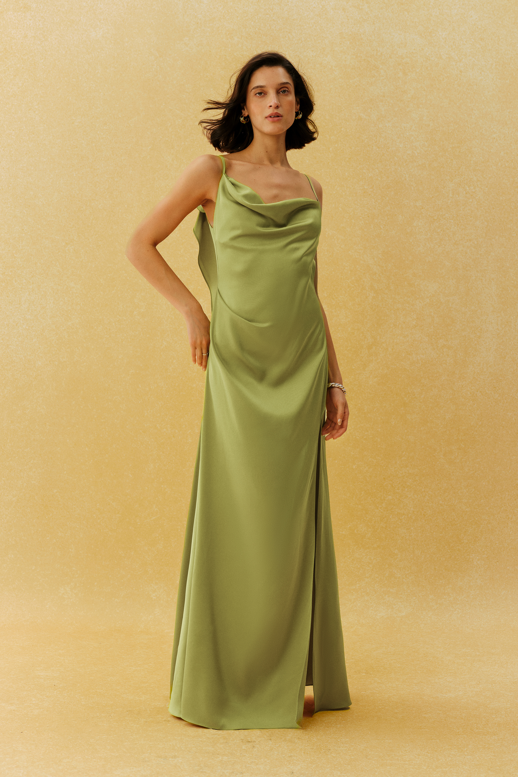 Paula Backless Ruffle Detail Satin Maxi Dress
