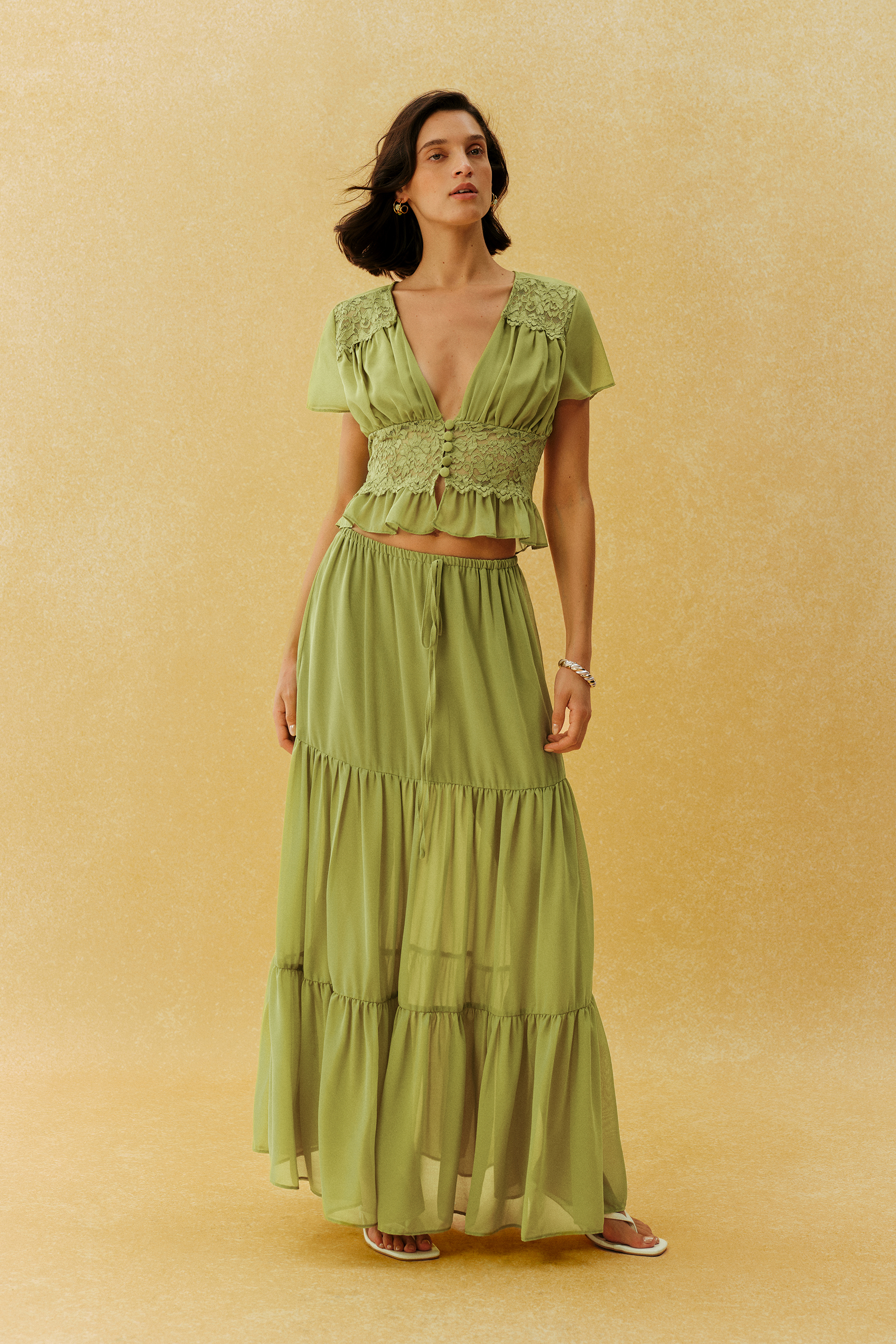 Feeling Like Her Green Short Sleeve Lace Waist Crop Top & Skirt Set