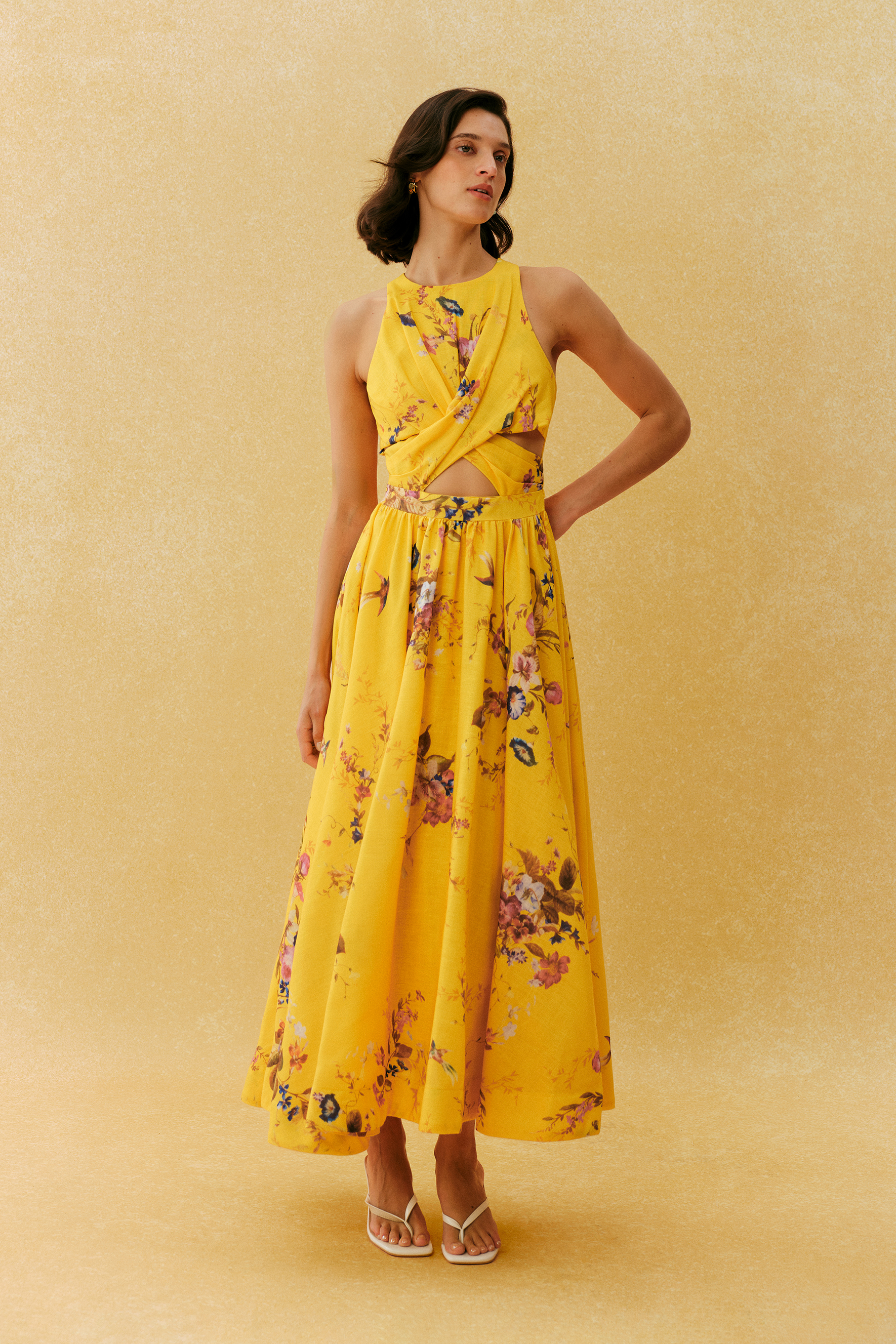 Holiday Mood Yellow Floral Print Cutout Maxi Dress