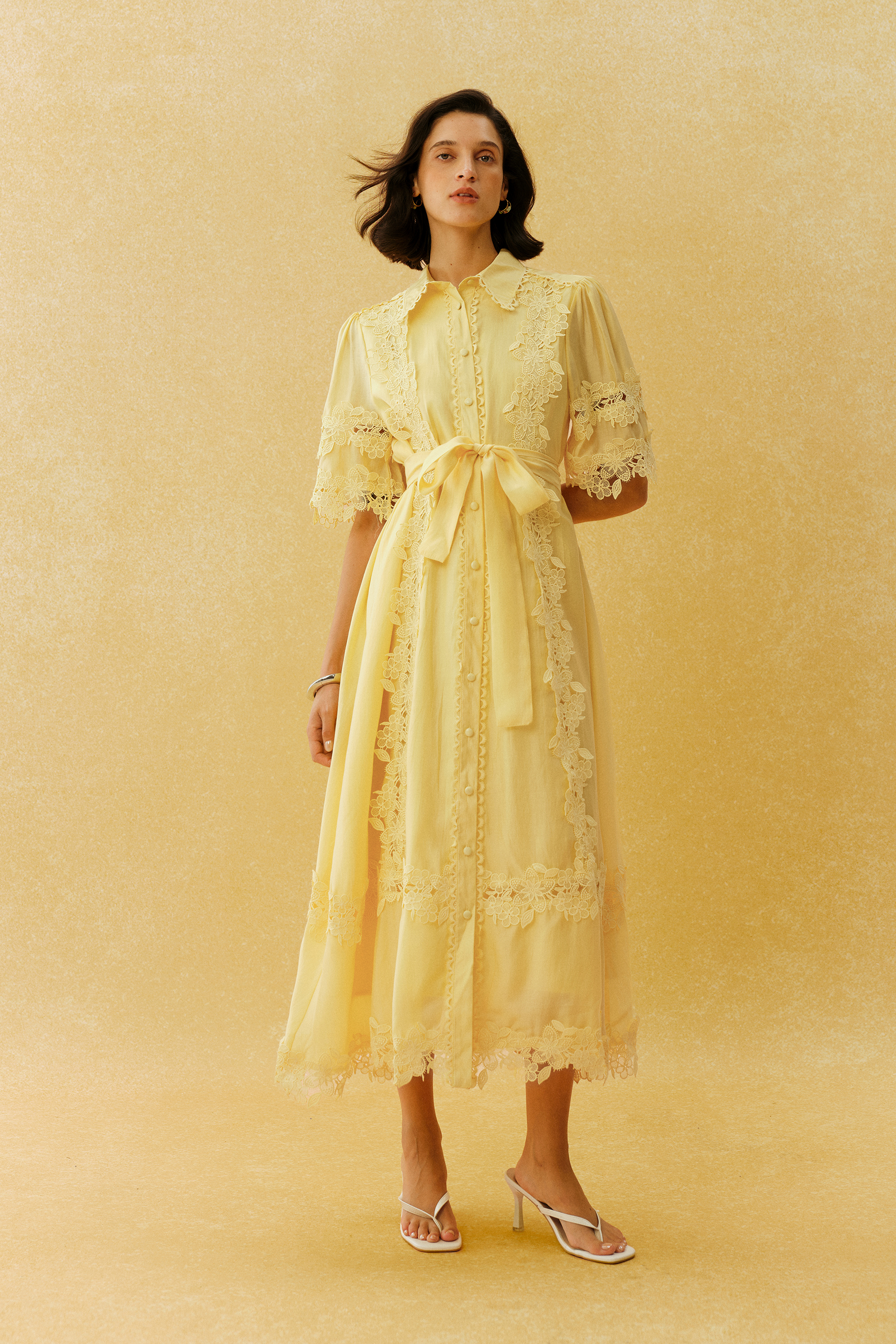 Chasing The Sun Yellow Lace Trim Short Sleeve Midi Dress