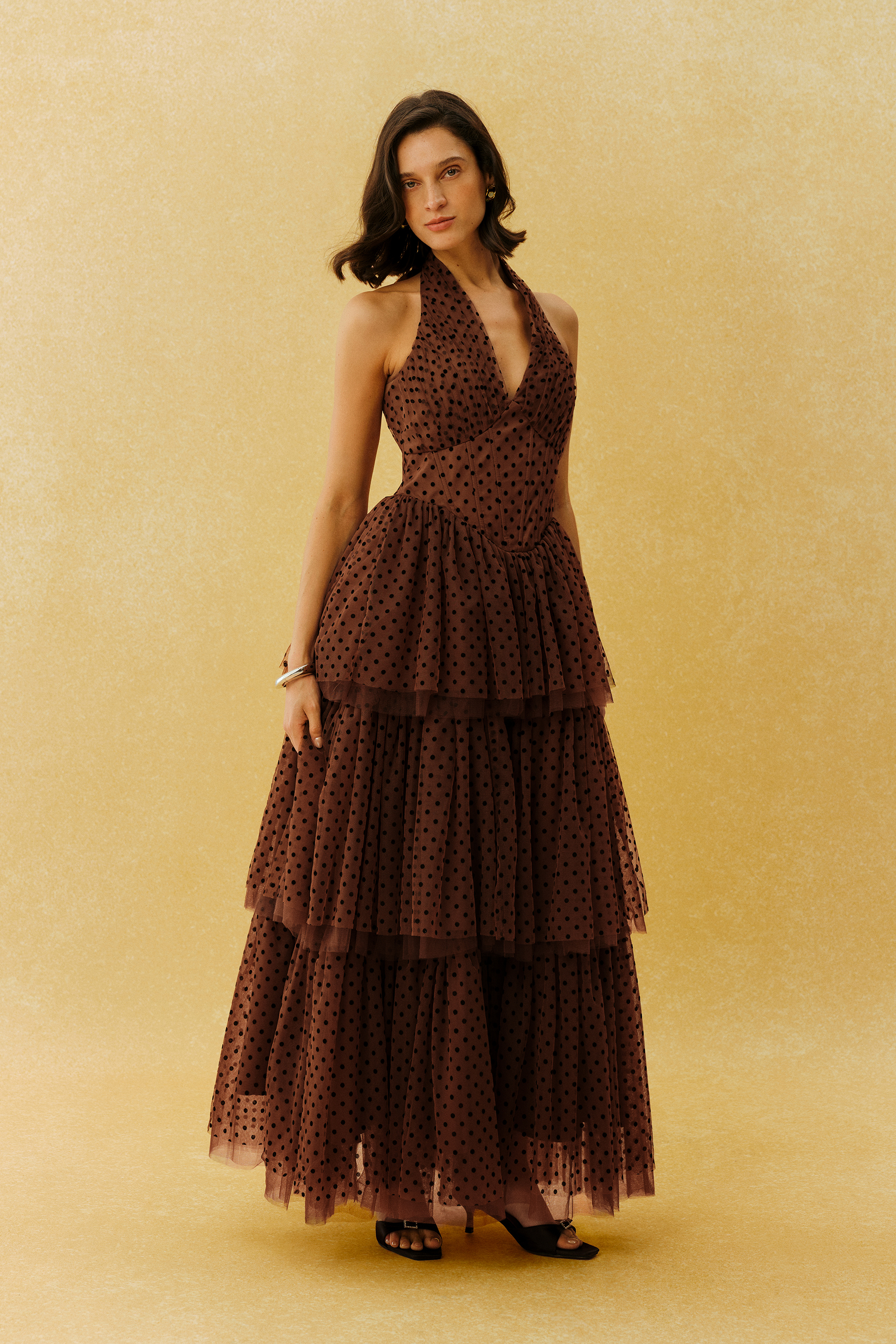 Lasting Allure Brown Polka Dot Halter Neck Tulle Maxi Dress
