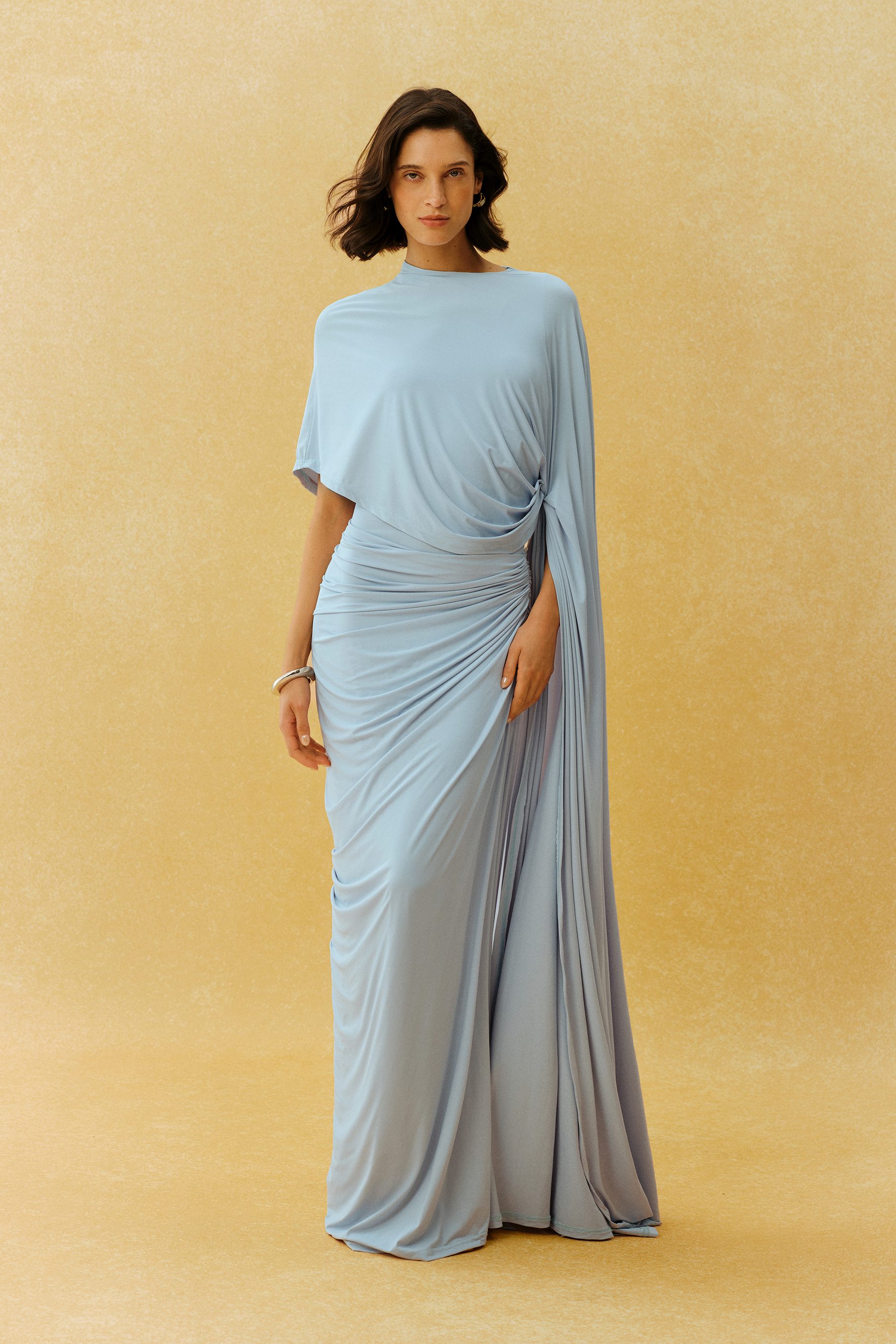 Stealing The Show Blue Asymmetric Cape Sleeve Ruched Maxi Dress