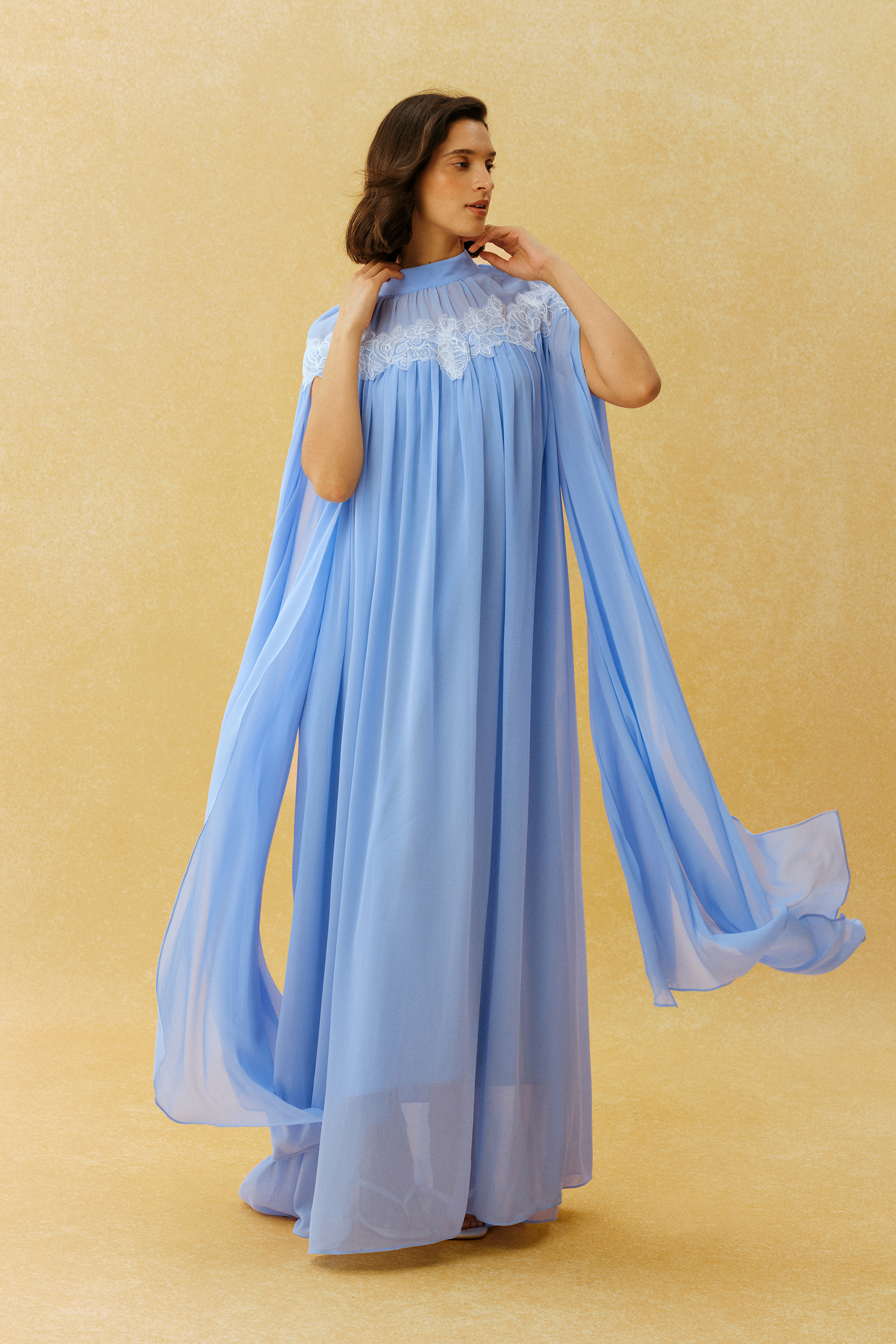 Glamorous Disposition Blue Lace Embroidery Cape Sleeve Maxi Dress