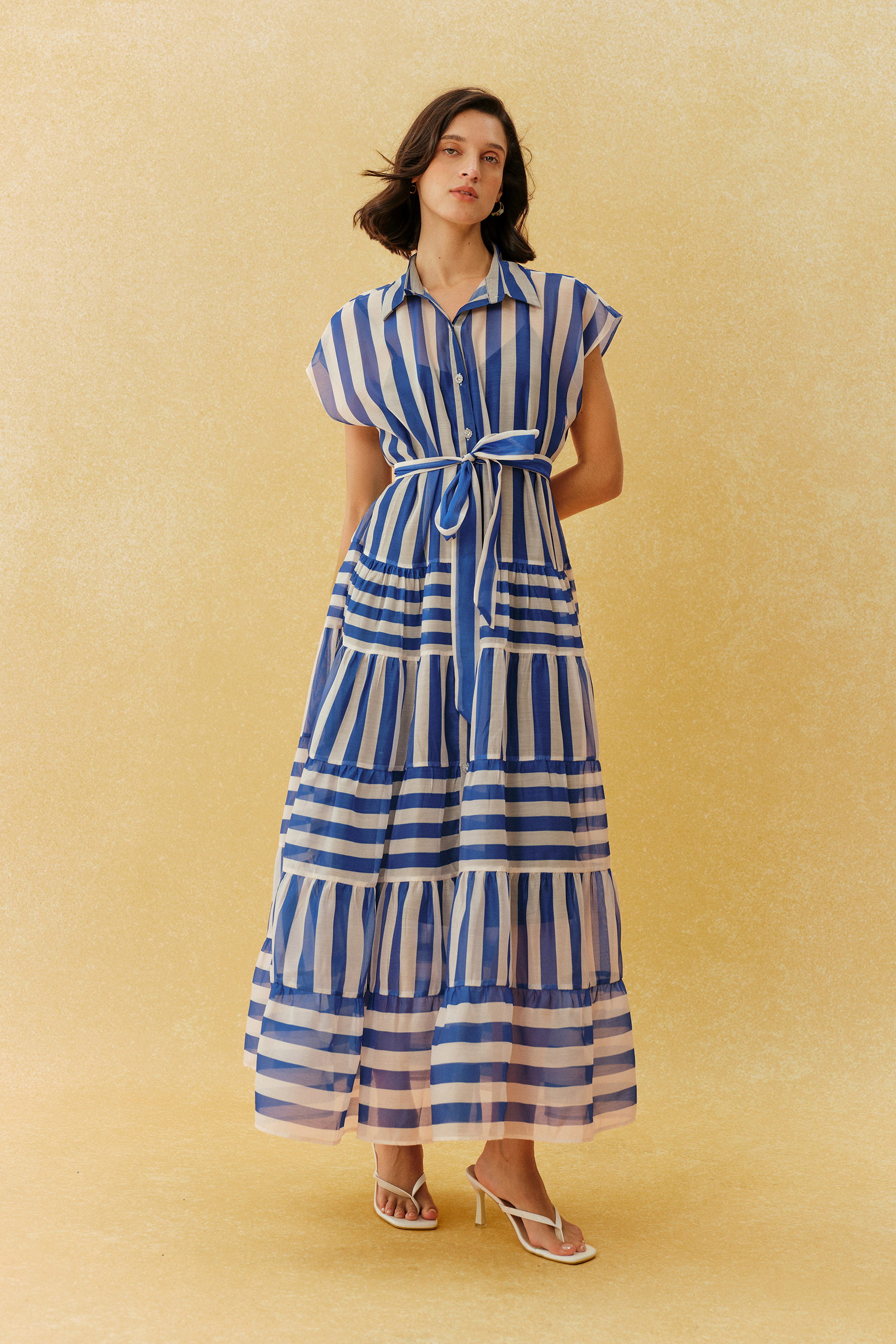Breezy Little Secret Blue Striped Cap Sleeve Maxi Dress