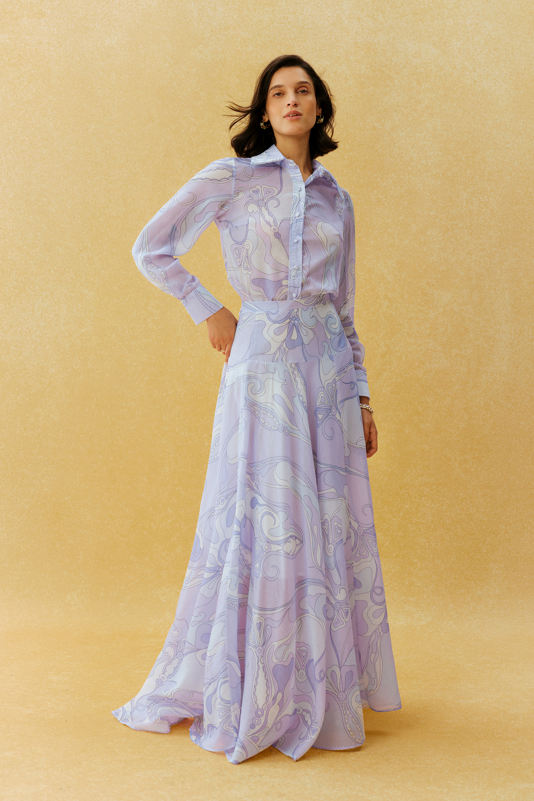 Casual Mood Purple Abstract Print Shirt & Maxi Skirt Set