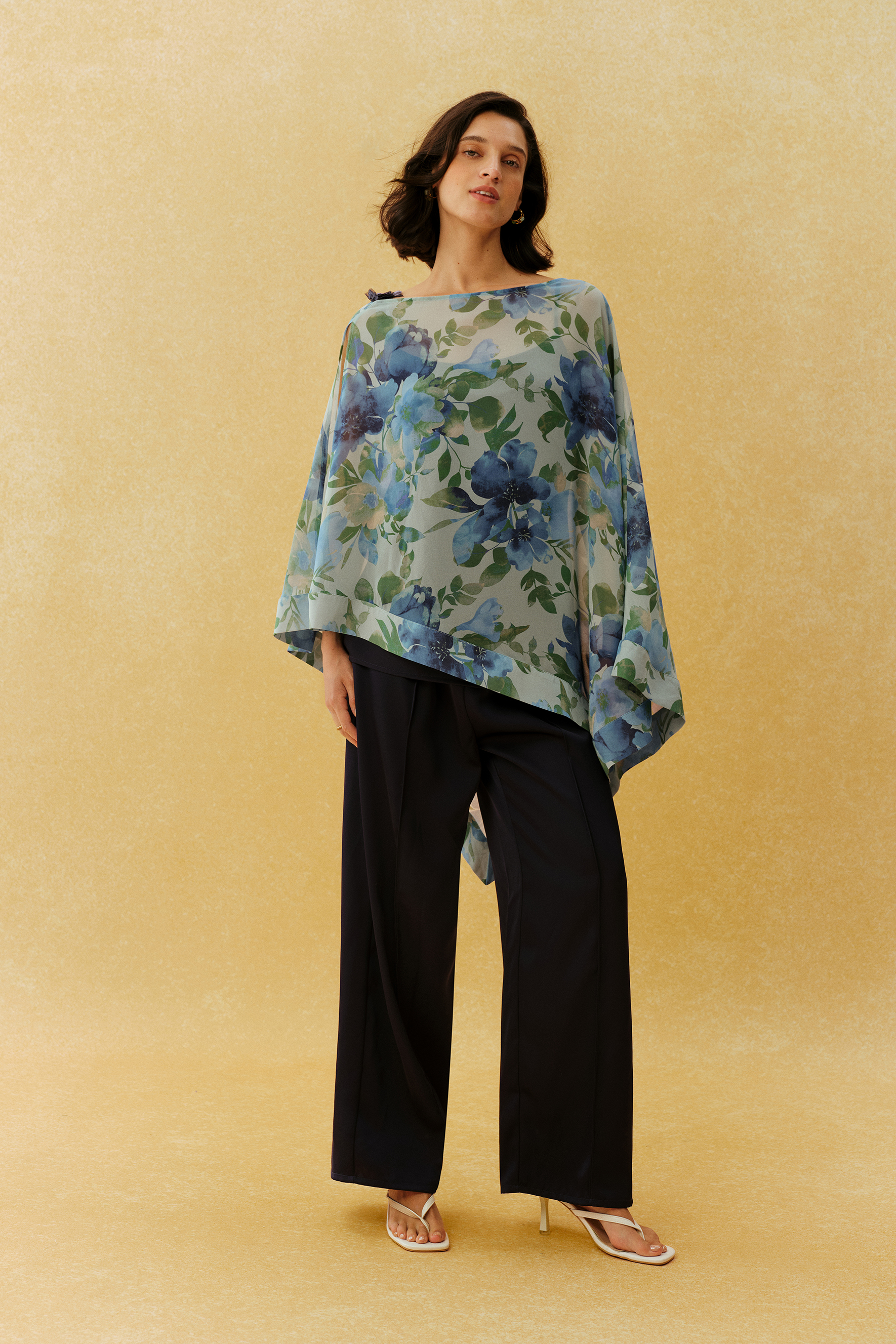 Feels Right Blue Floral Print Chiffon Cape Three Piece Set