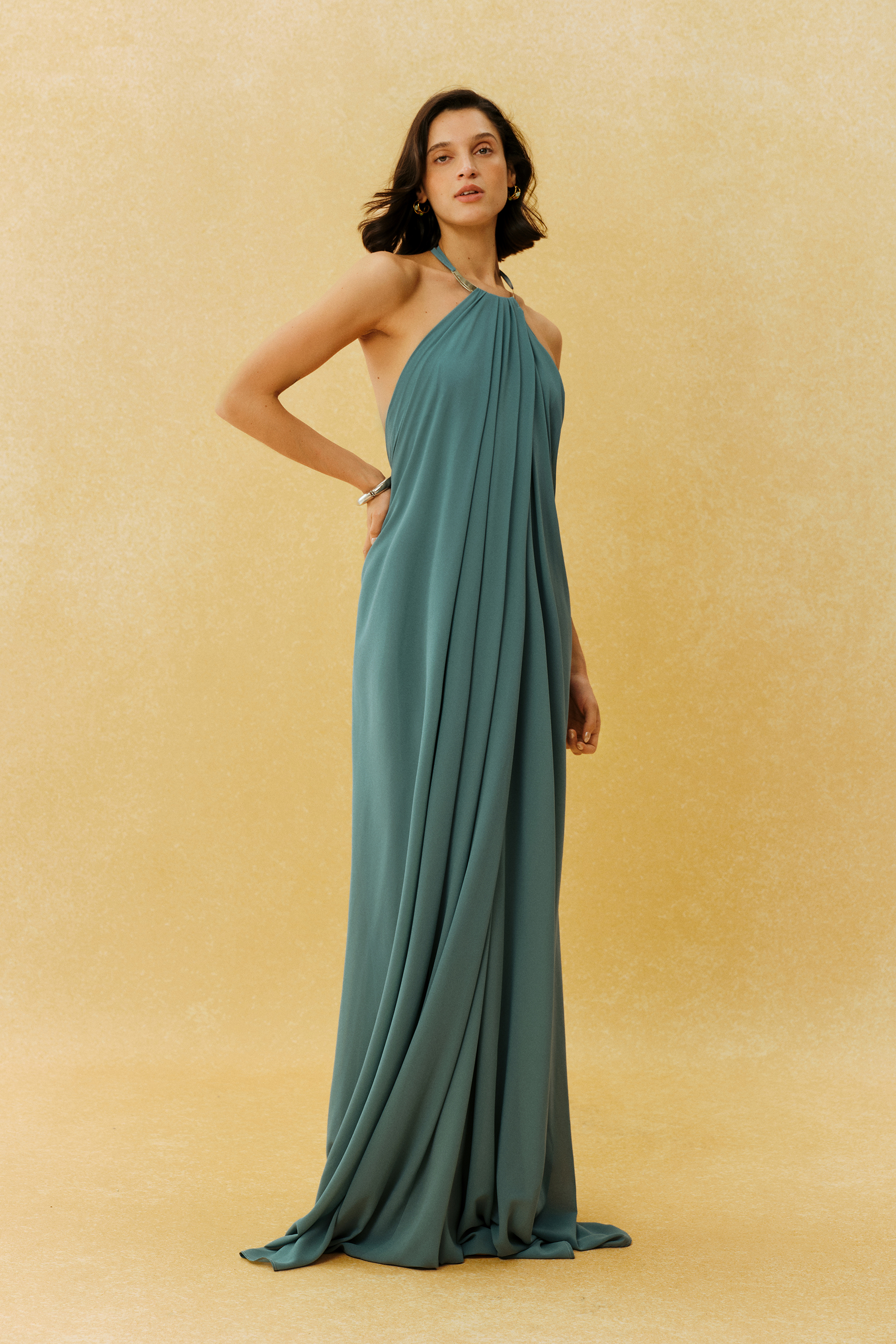 Keep Me Close Sage Green Metal Halter Draped Maxi Dress