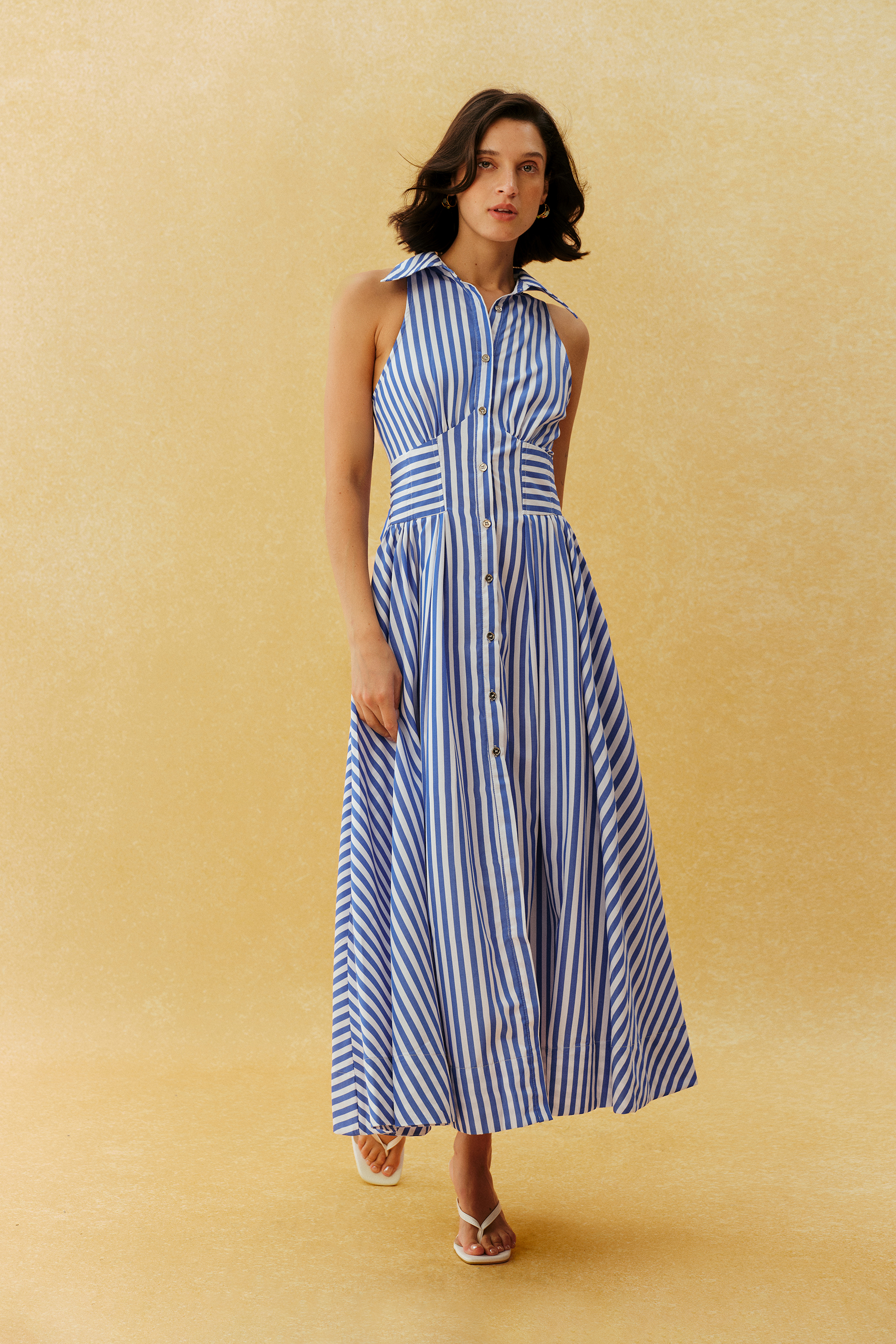 Favourite Girl Blue Striped Collar Sleeveless Maxi Dress